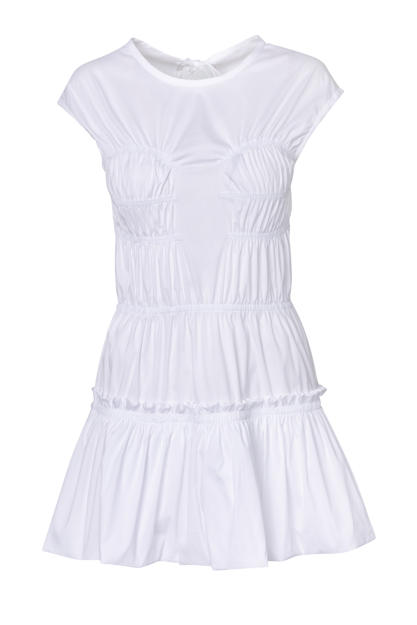Product still of the Amelia Toro Gathered Bubble Mini Dress in white on a white background
