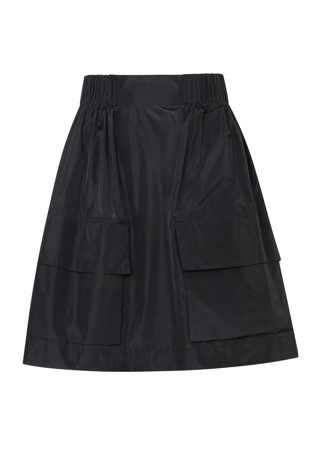 Product still of the Amelia Toro Gathered Taffeta Mini Skirt in Black on a white background