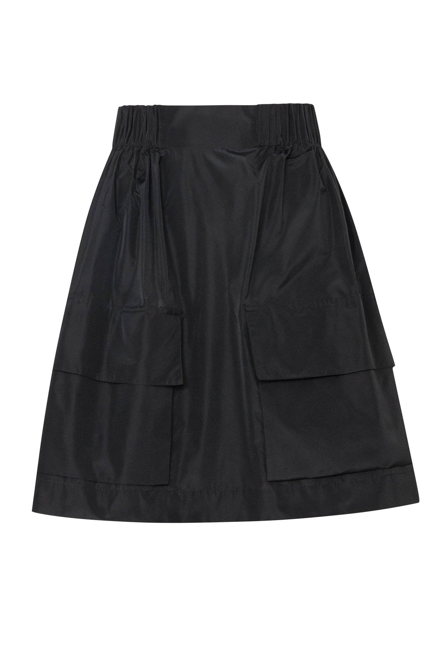 Product still of the Amelia Toro Gathered Taffeta Mini Skirt in Black on a white background