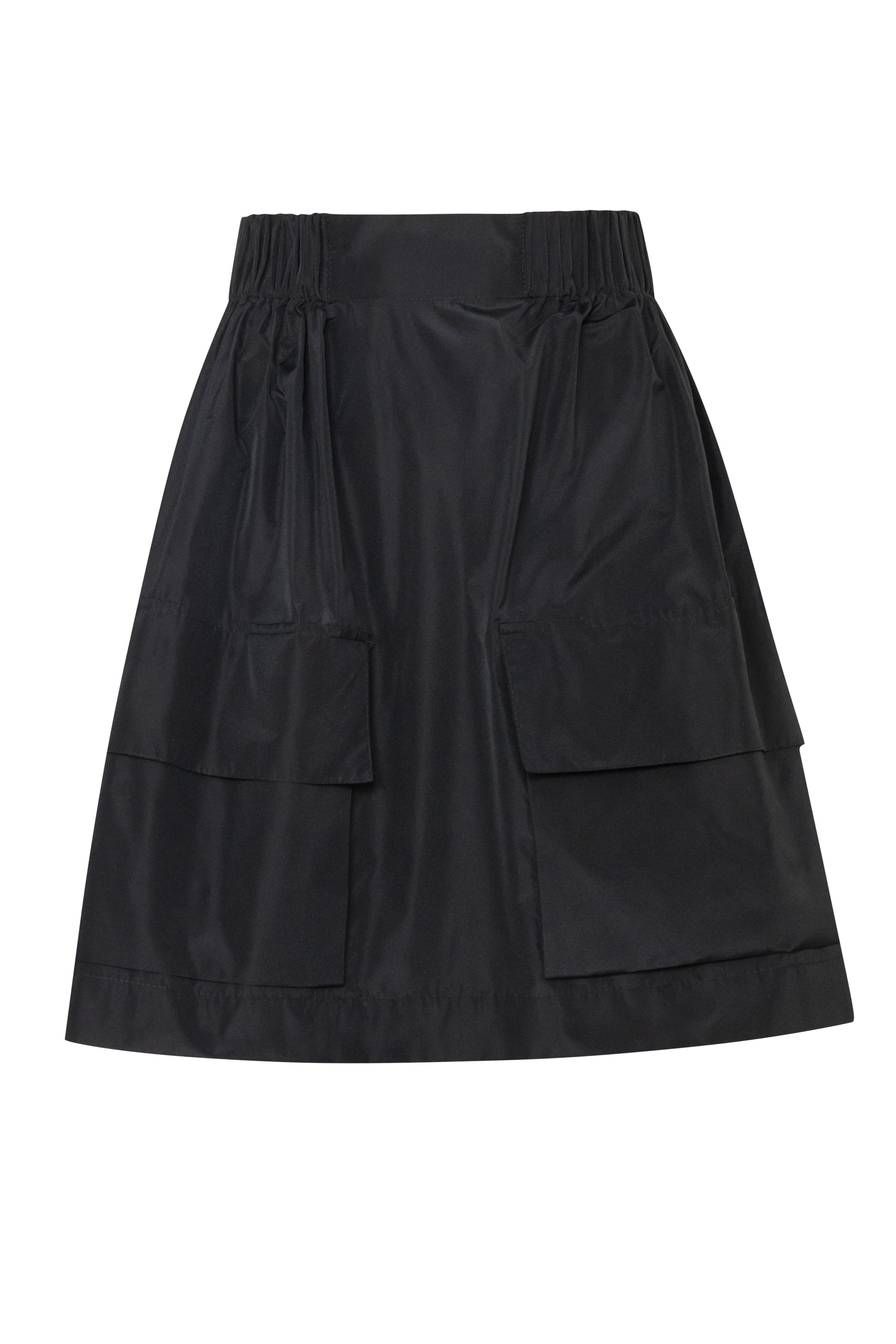 Product still of the Amelia Toro Gathered Taffeta Mini Skirt in Black on a white background