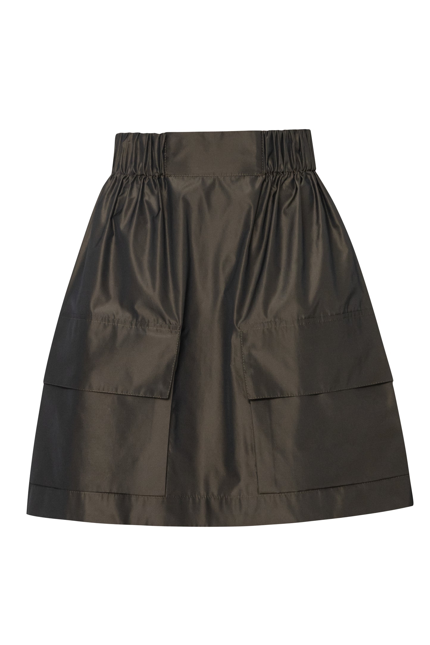 Product still of the Amelia Toro Gathered Taffeta Mini Skirt in Olive on a white background
