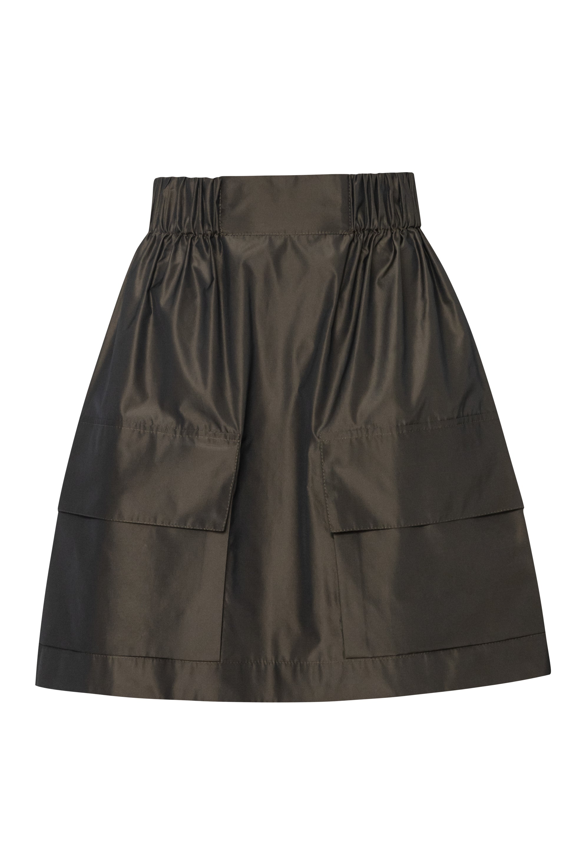 Product still of the Amelia Toro Gathered Taffeta Mini Skirt in Olive on a white background