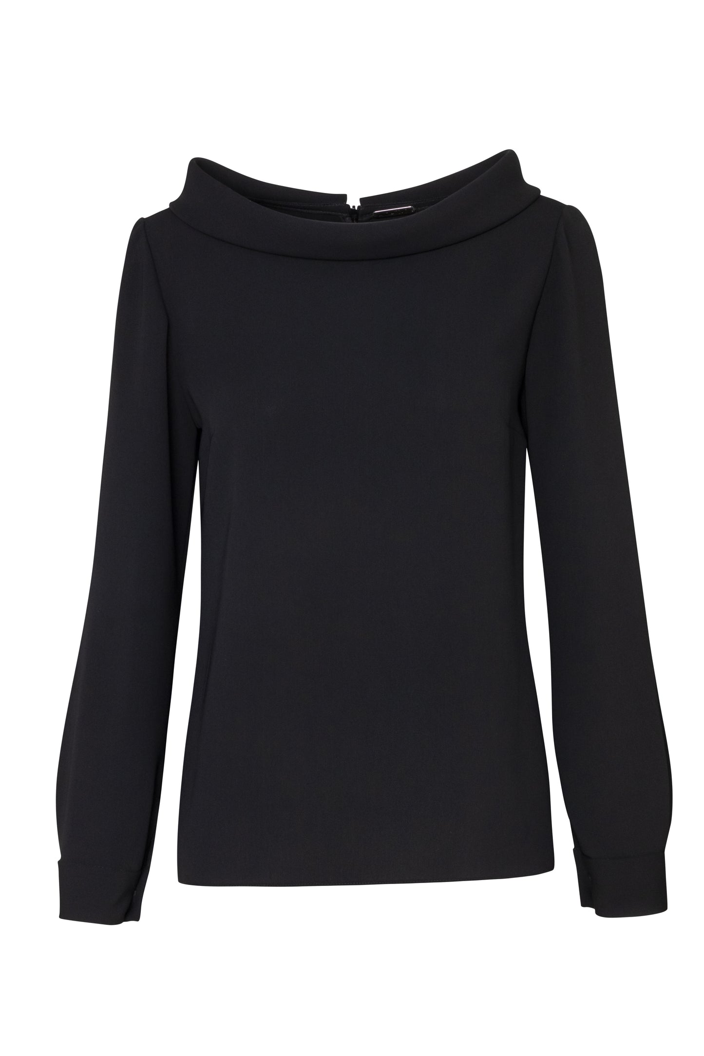 Close-up of the Amelia Toro High-Neck Long-Sleeve Cady Blouse in Black