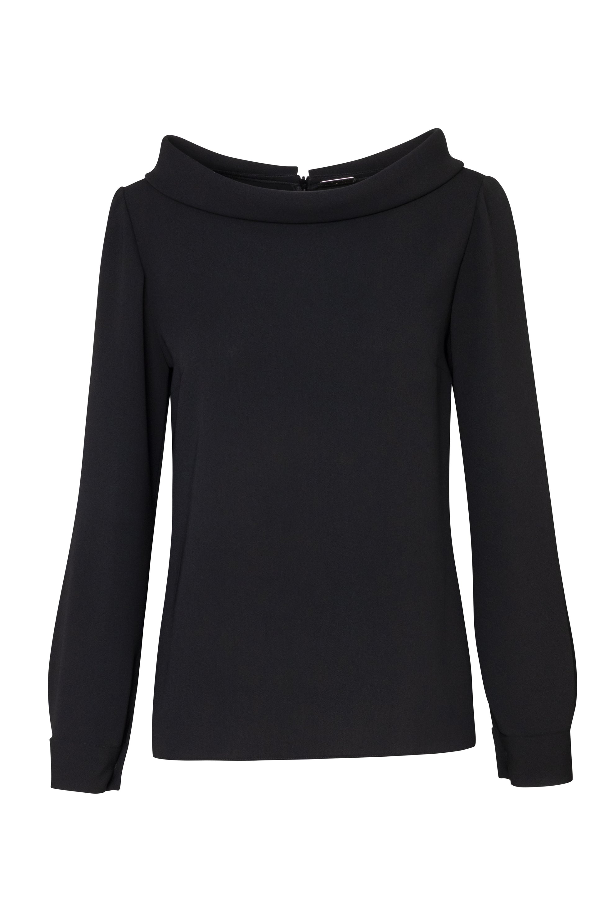 Close-up of the Amelia Toro High-Neck Long-Sleeve Cady Blouse in Black