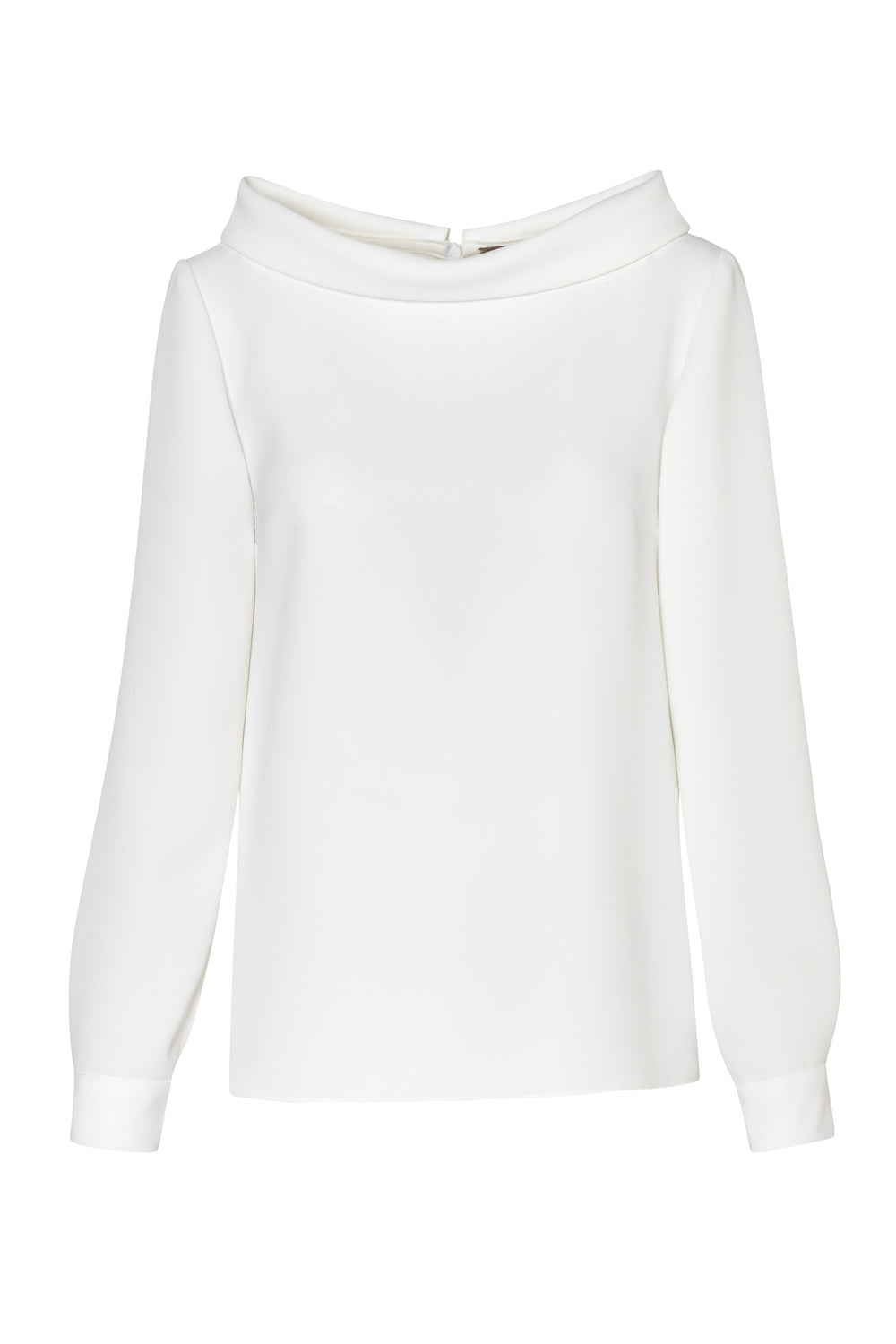 Product still of the Amelia Toro High-Neck Long-Sleeve Cady Blouse in Black on a white background