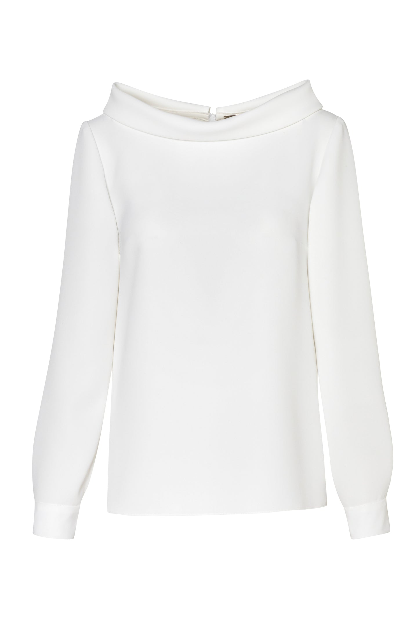 Product still of the Amelia Toro High-Neck Long-Sleeve Cady Blouse in Black on a white background