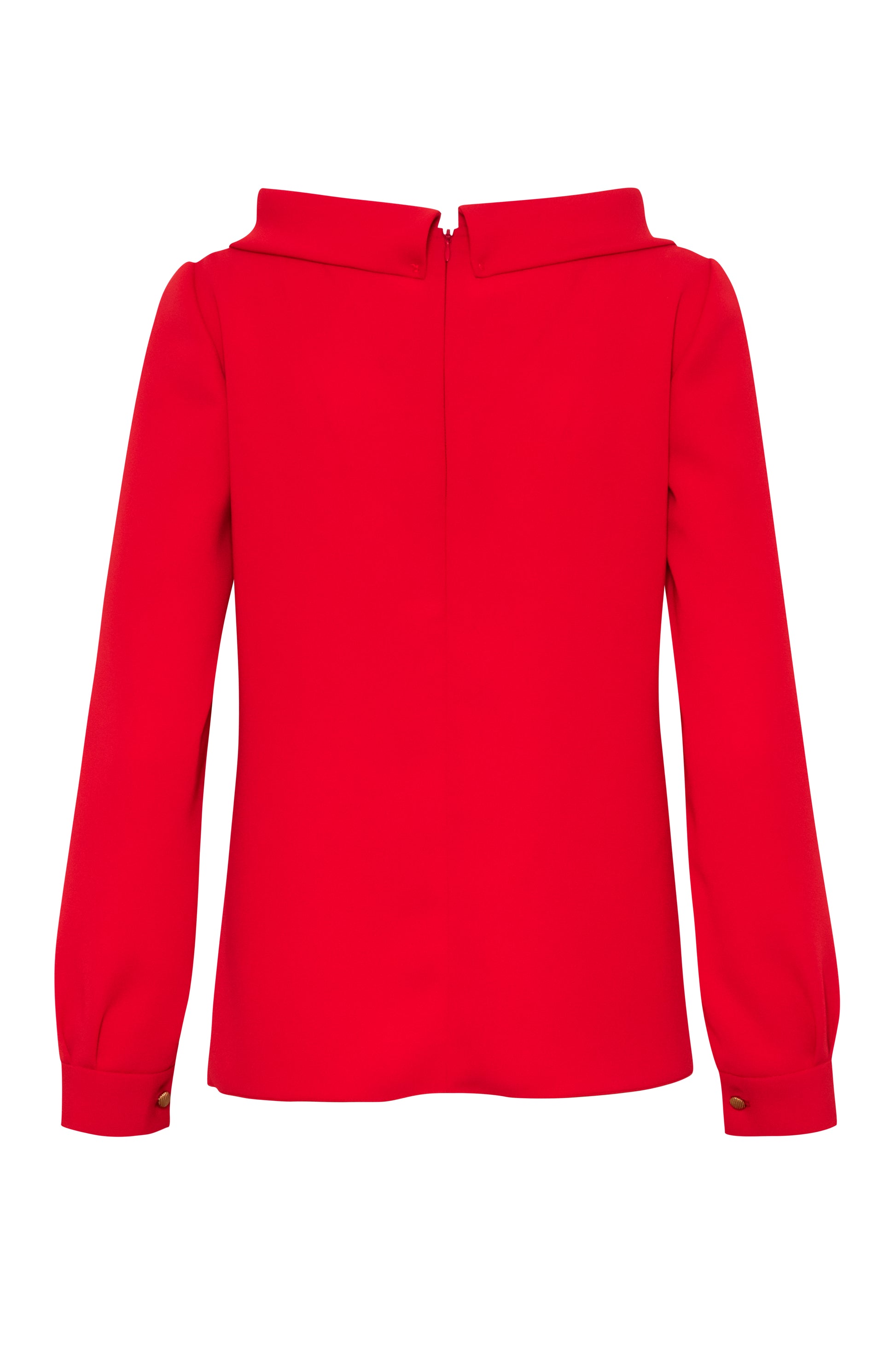 Close-up of the Amelia Toro High-Neck Long-Sleeve Cady Blouse in Red