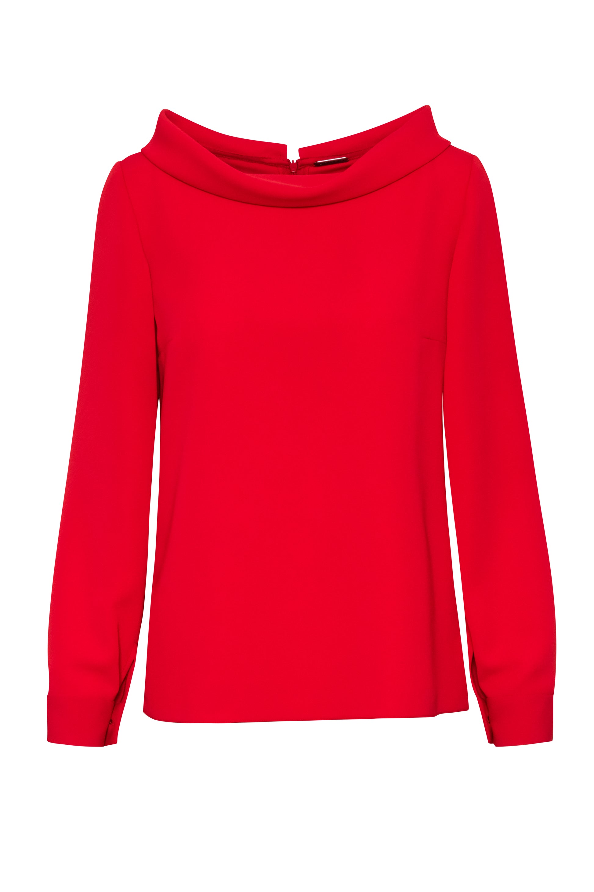 Product still of the Amelia Toro High-Neck Long-Sleeve Cady Blouse in Red on a white background