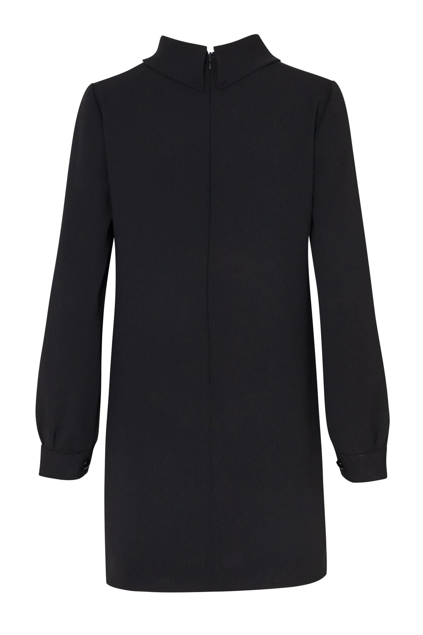 Close-up of the Amelia Toro High-Neck Long-Sleeve Cady Mini Dress in Black