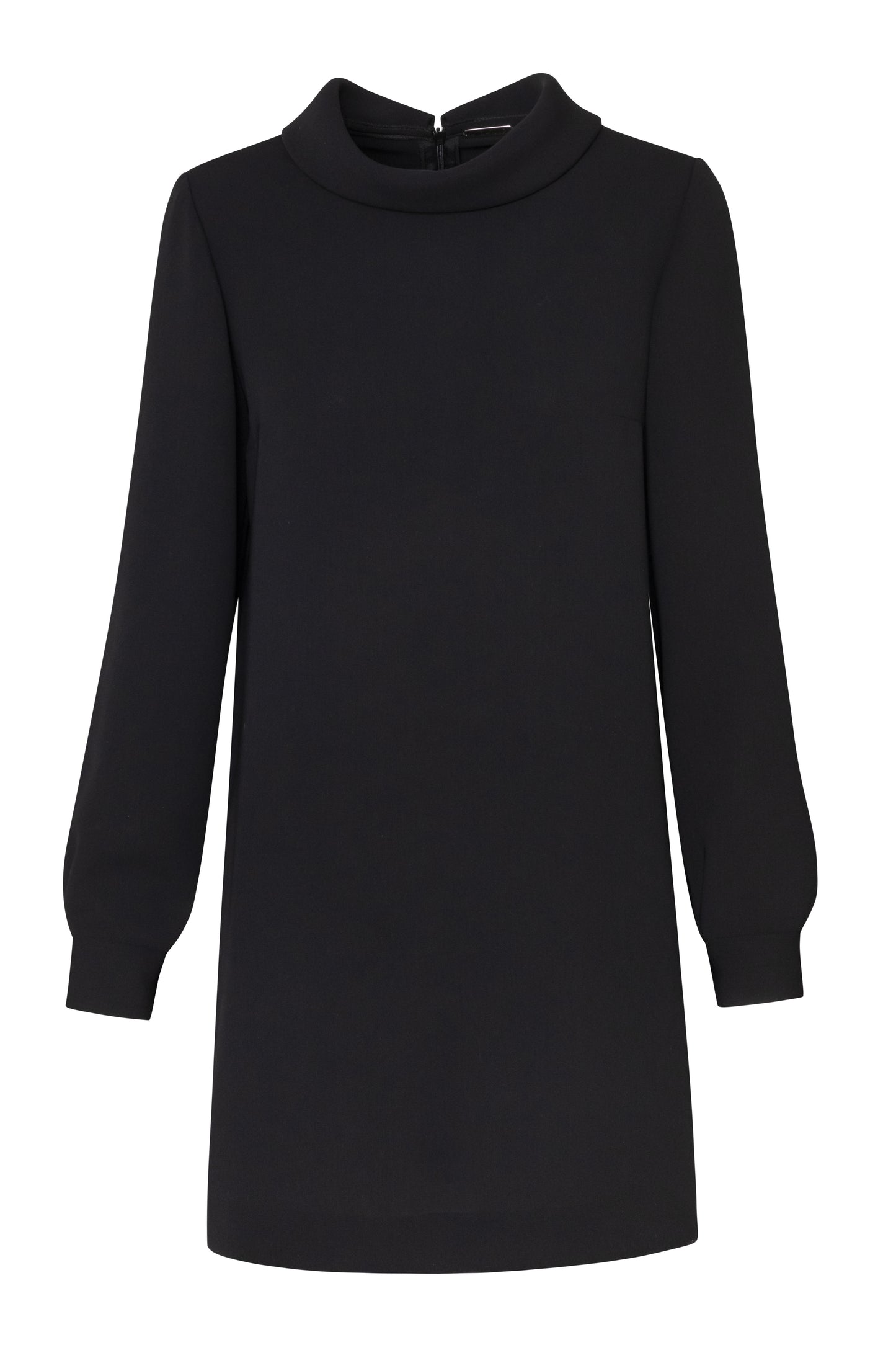 Product still of the Amelia Toro High-Neck Long-Sleeve Cady Mini Dress in Black on a white background