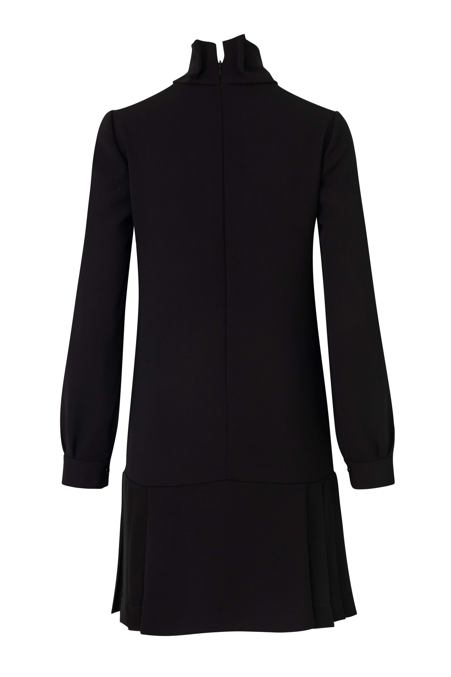 Close-up of the Amelia Toro Long-Sleeve Pleated Chiffon Mini Dress in Black
