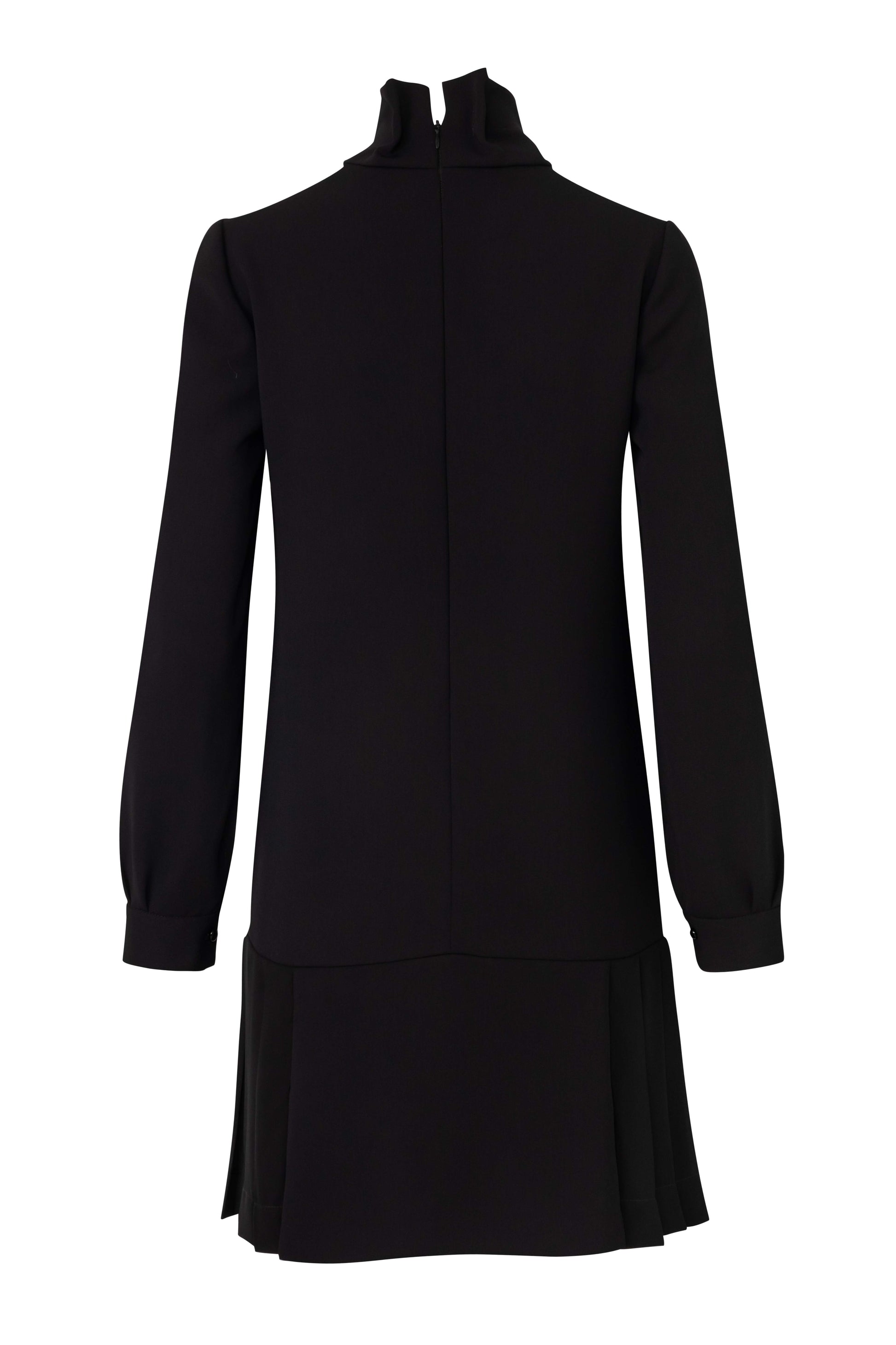 Close-up of the Amelia Toro Long-Sleeve Pleated Chiffon Mini Dress in Black