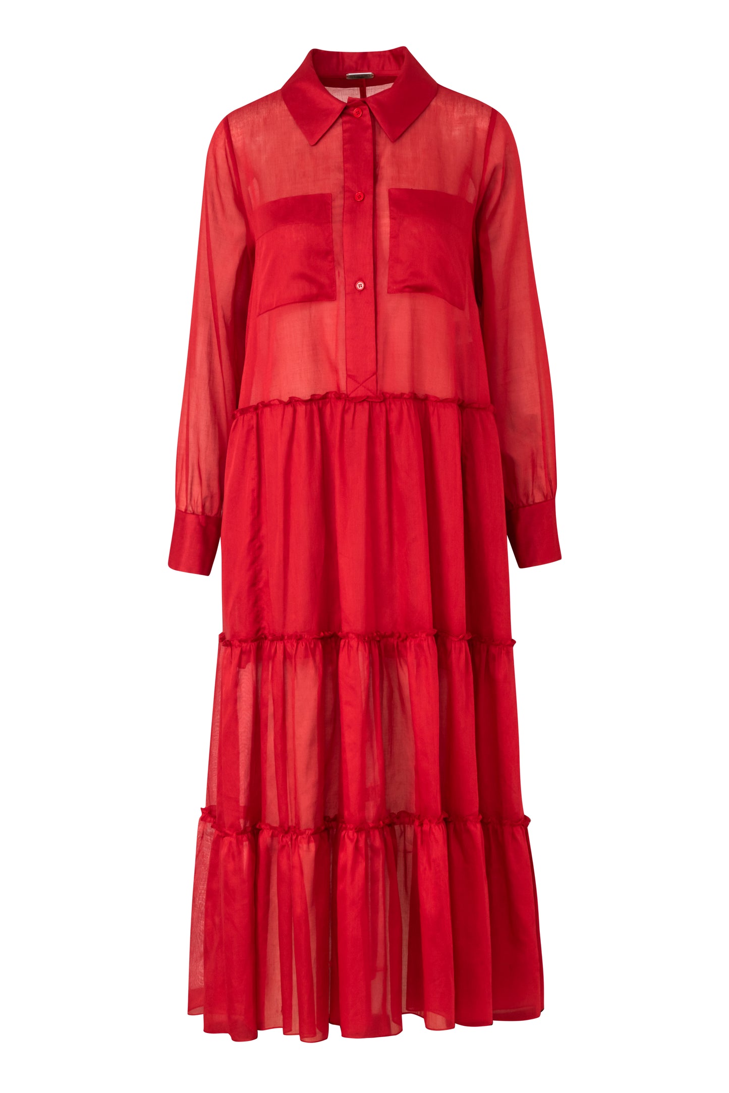 Product still of the Amelia Toro Long-Sleeve Ruffle-Skirt Cotton Voile Midi Dress in Gray on a white background