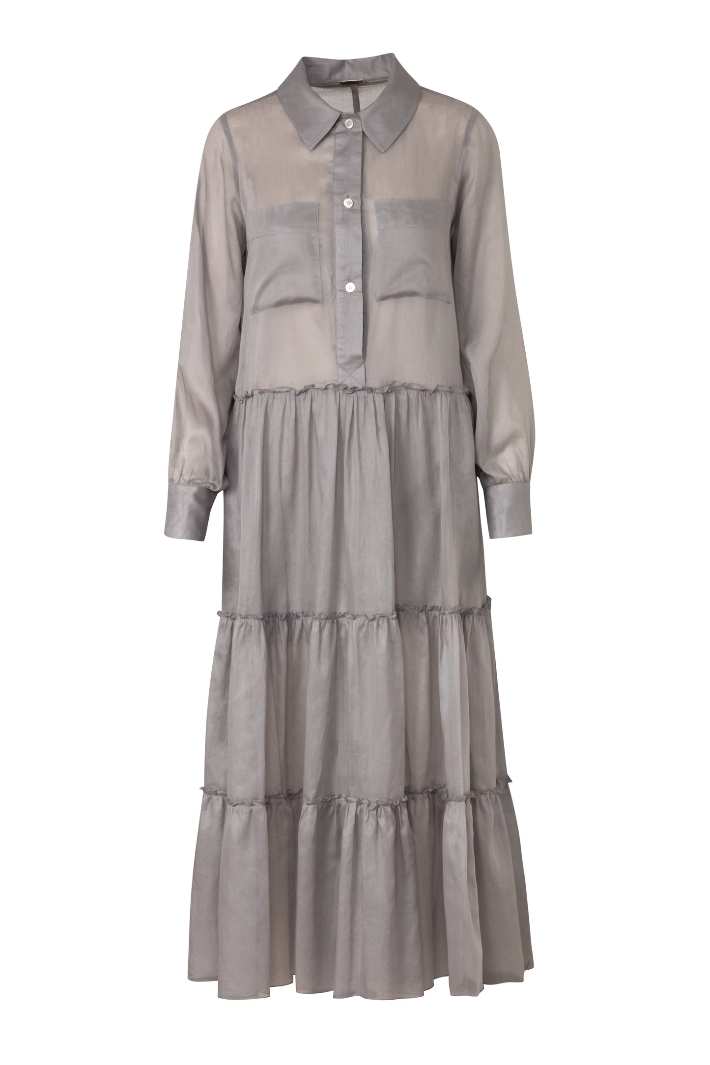 Product still of the Amelia Toro Long-Sleeve Ruffle-Skirt Cotton Voile Midi Dress in Red on a white background