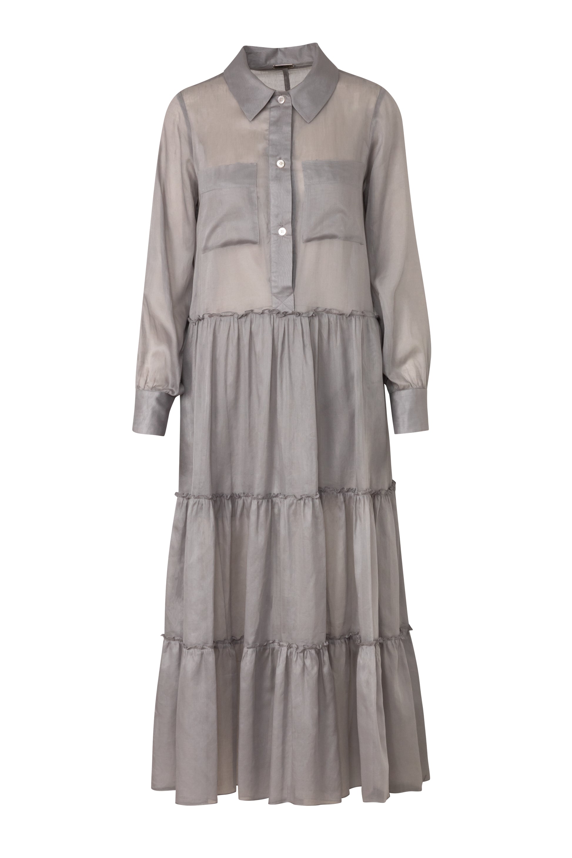 Product still of the Amelia Toro Long-Sleeve Ruffle-Skirt Cotton Voile Midi Dress in Red on a white background