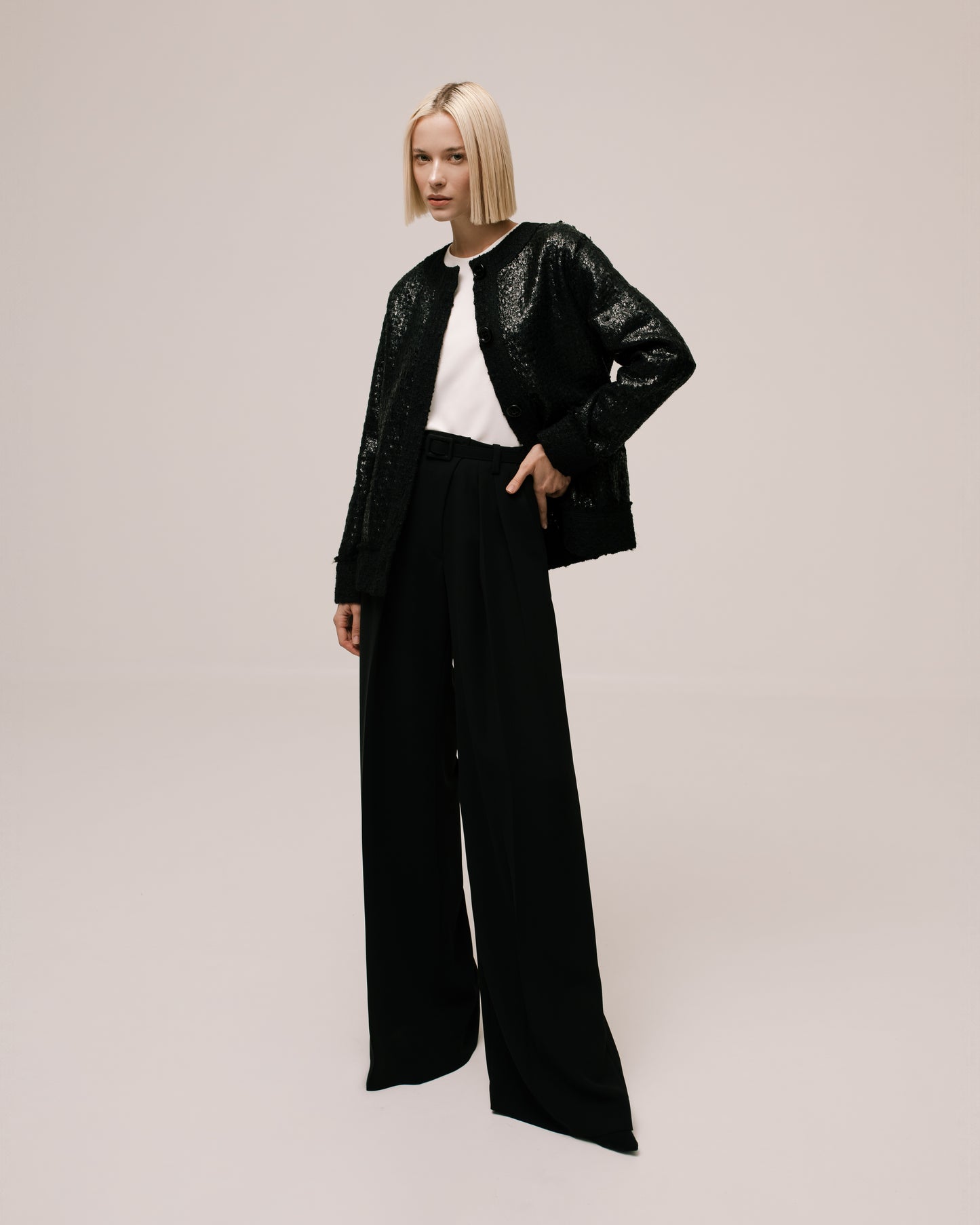 Close-up of the Amelia Toro Loose-Fit Contrast Wool Jacket in Black