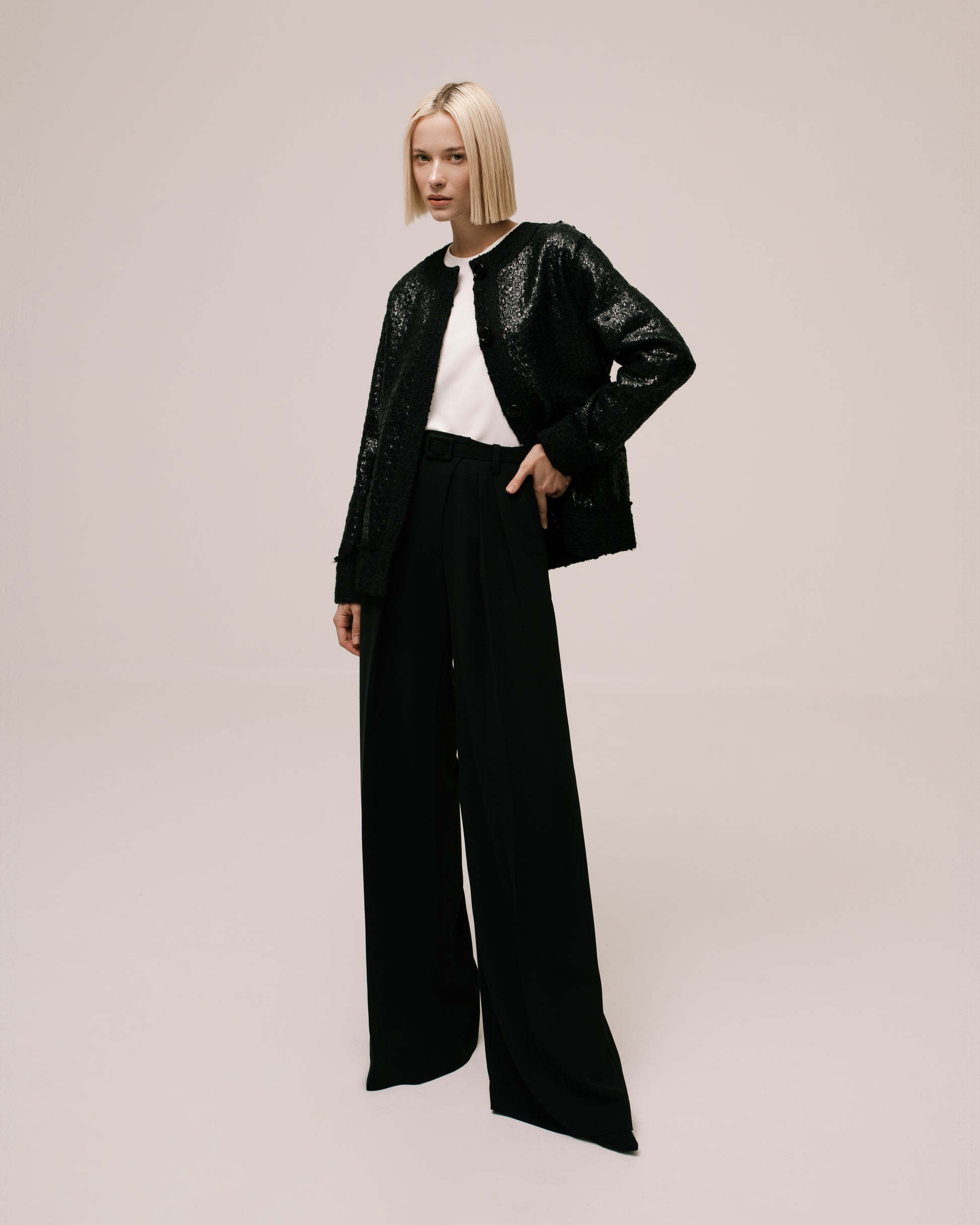 Close-up of the Amelia Toro Loose-Fit Contrast Wool Jacket in Black