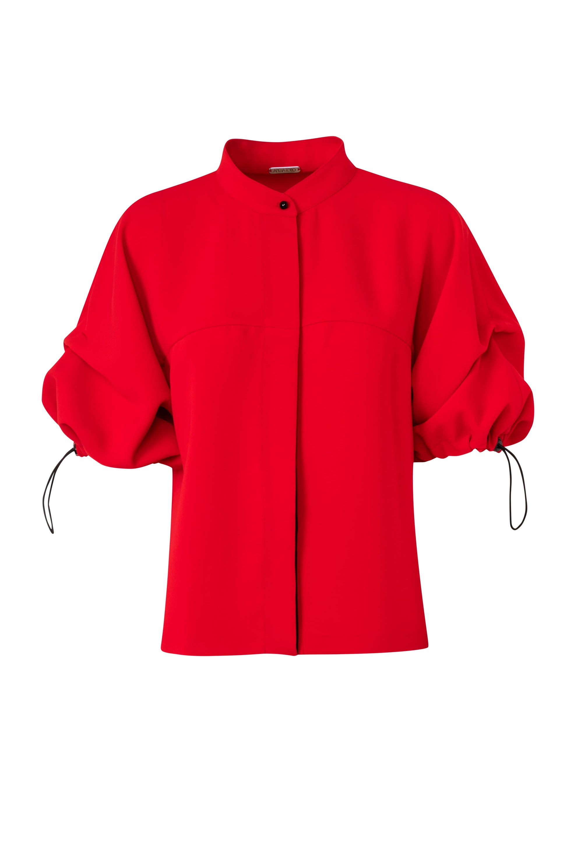 Product still of the Amelia Toro Nehru-Collar Kimono-Sleeve Blouse in Red on a white background