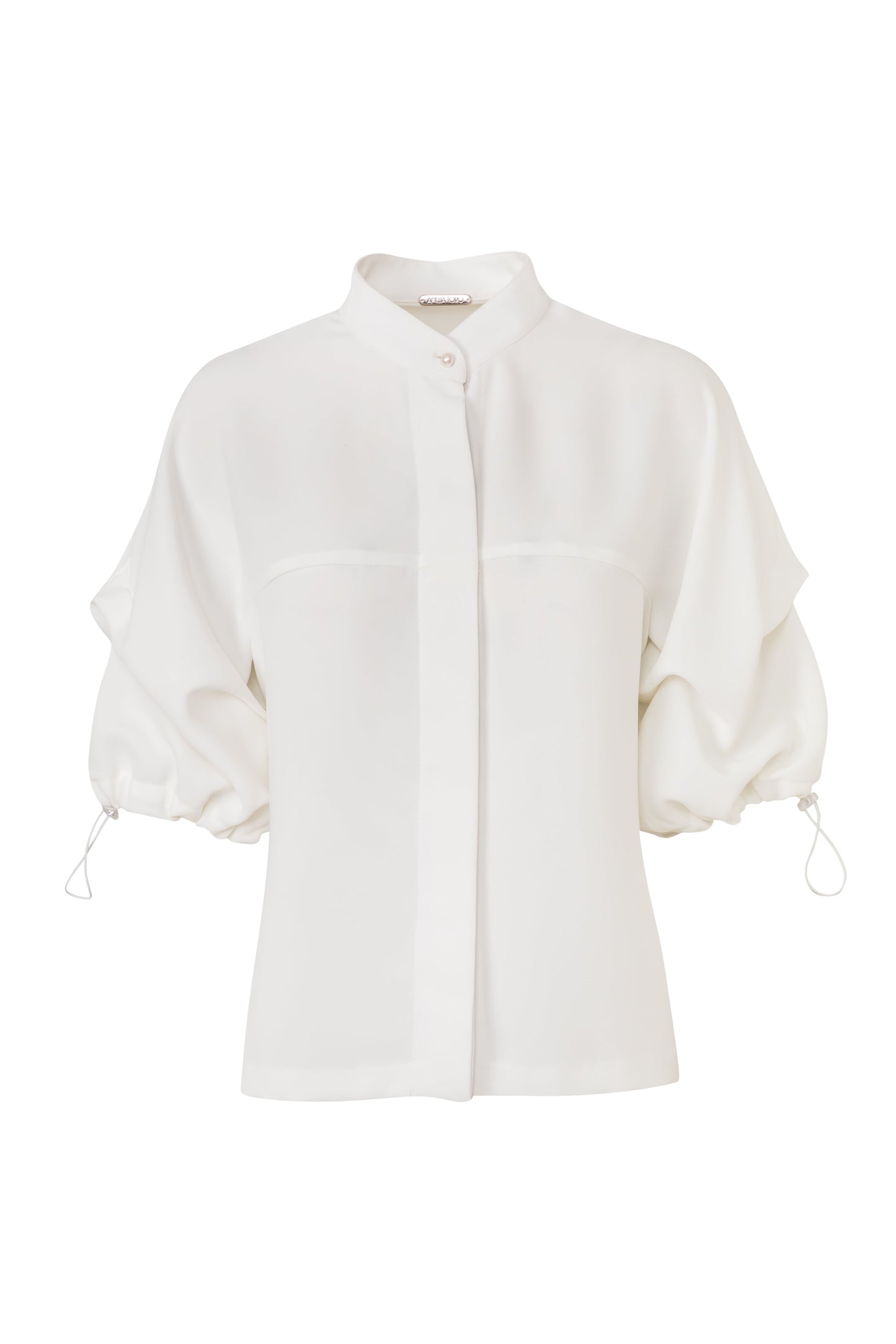 Product still of the Amelia Toro Nehru-Collar Kimono-Sleeve Blouse in White on a white background