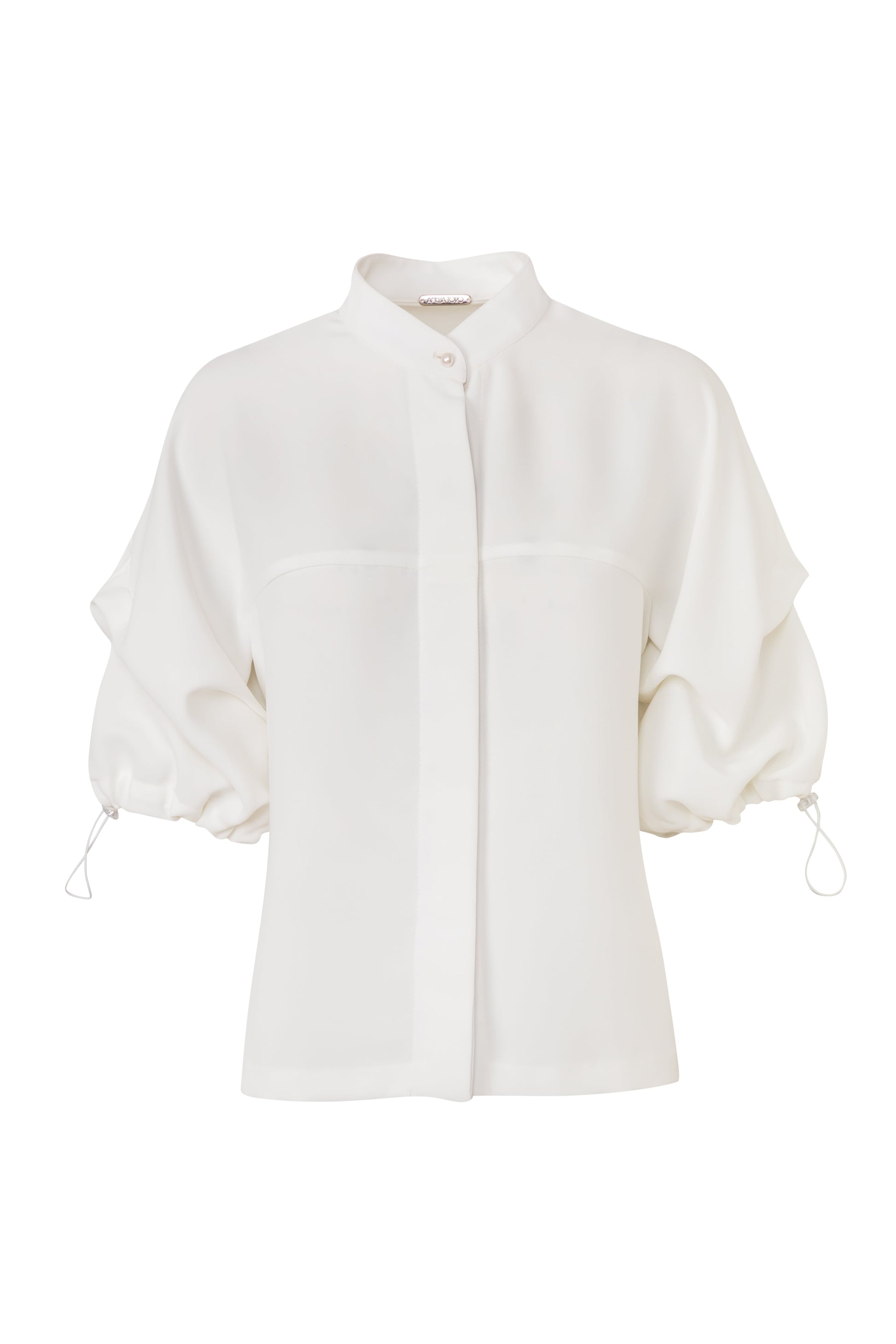Product still of the Amelia Toro Nehru-Collar Kimono-Sleeve Blouse in White on a white background