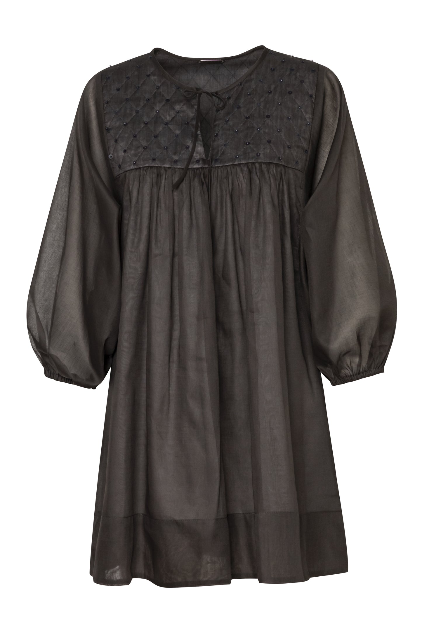 Close-up of the Amelia Toro Quilted-Bodice Cotton Voile Mini Dress in Graphite/Grey