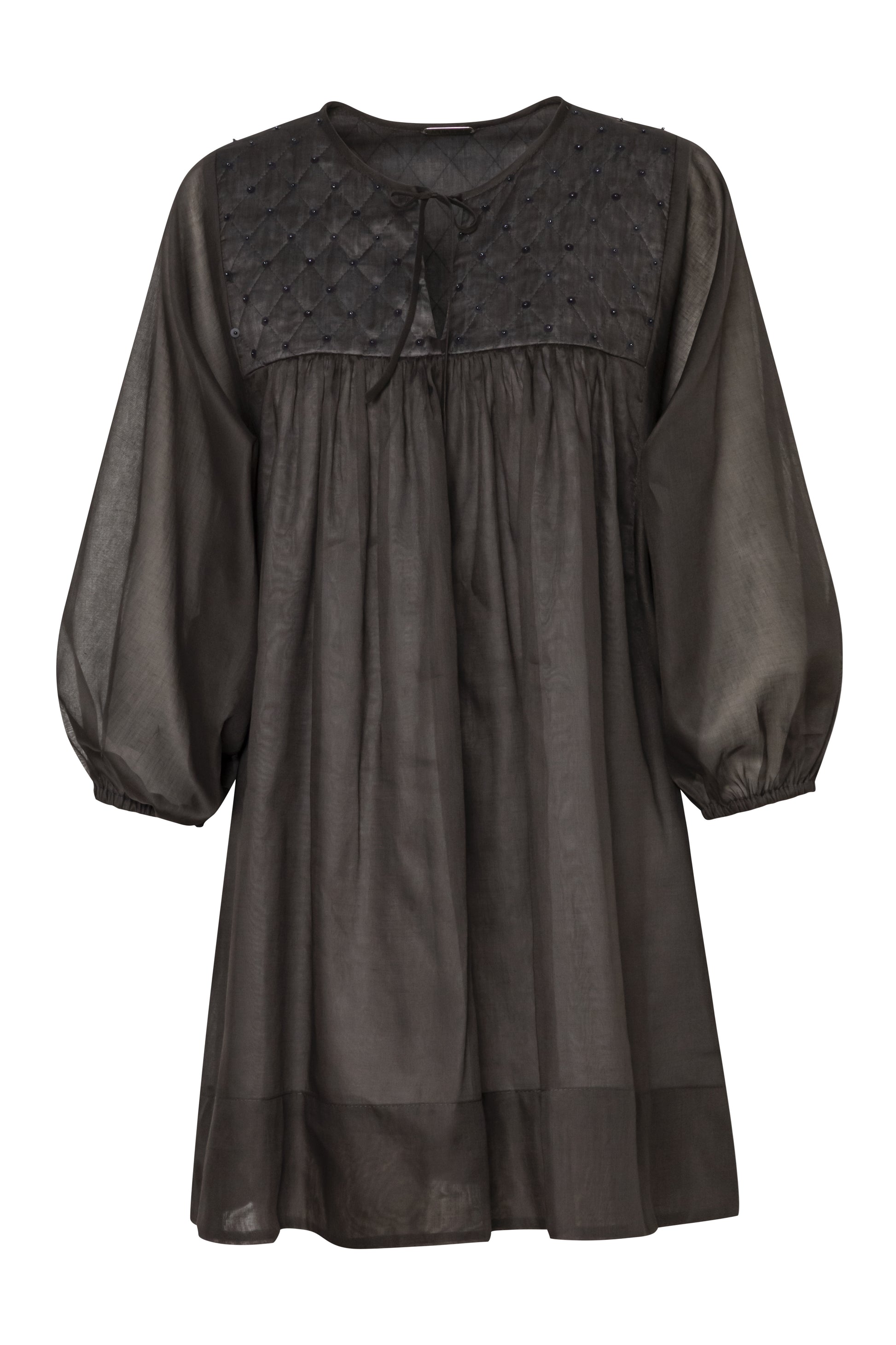 Close-up of the Amelia Toro Quilted-Bodice Cotton Voile Mini Dress in Graphite/Grey
