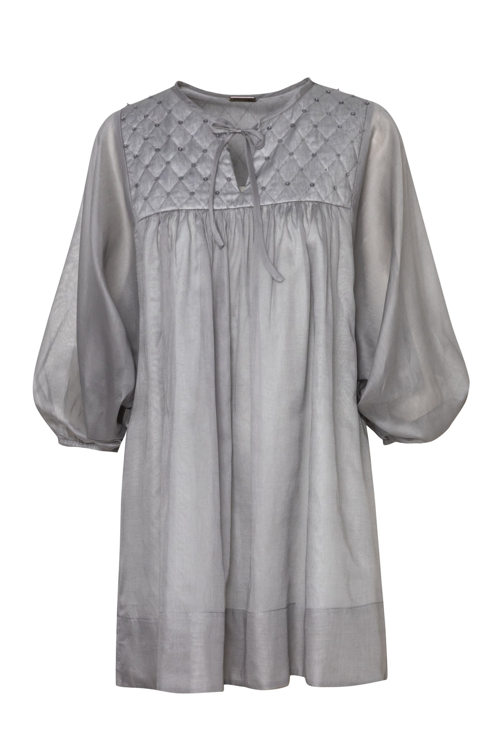 Product still of the Amelia Toro Quilted-Bodice Cotton Voile Mini Dress in Graphite/Grey on a white background