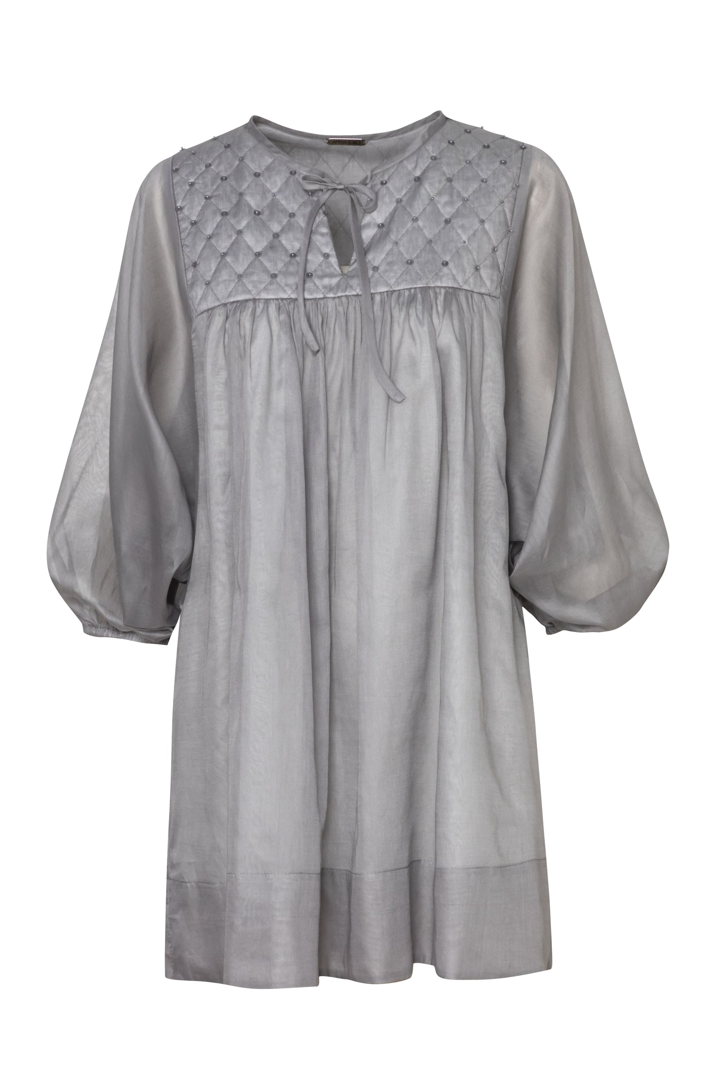 Product still of the Amelia Toro Quilted-Bodice Cotton Voile Mini Dress in Graphite/Grey on a white background