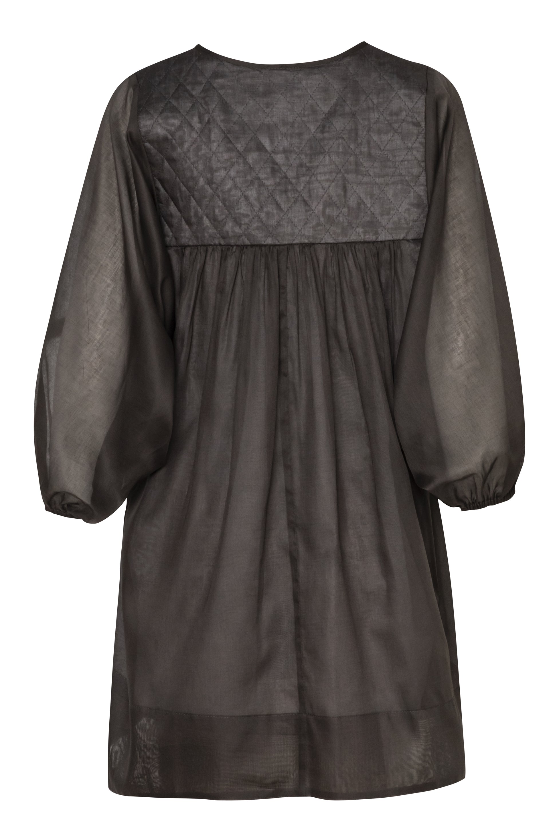 Close-up of the Amelia Toro Quilted-Bodice Cotton Voile Mini Dress in Grey/Pink
