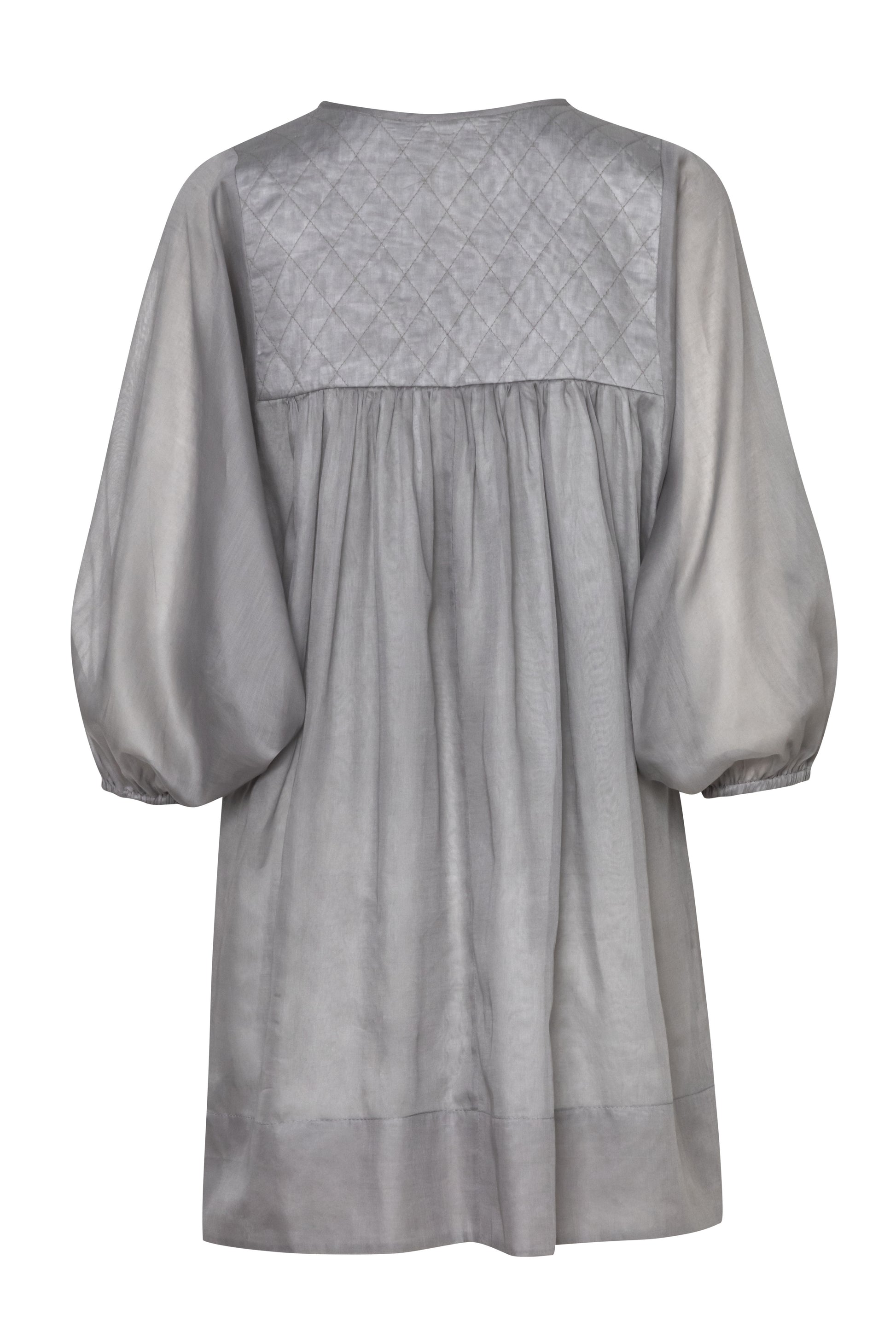 Product still of the Amelia Toro Quilted-Bodice Cotton Voile Mini Dress in Grey/Pink on a white background