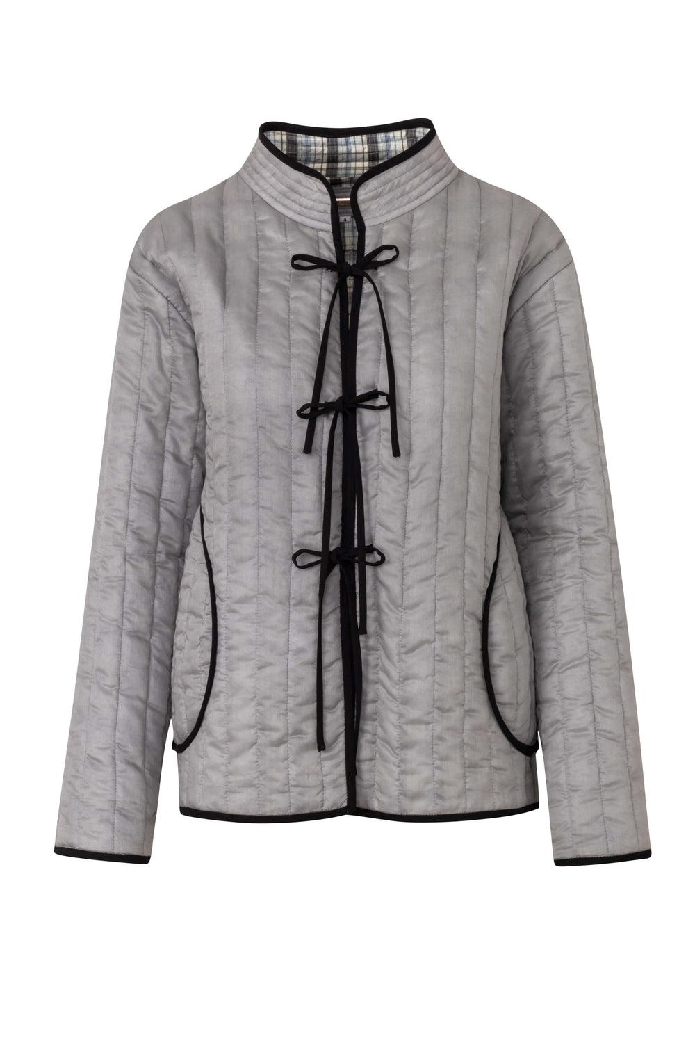 Product still of the Amelia Toro Quilted Cotton Mandarin-Collar Jacket in Gray on a white background