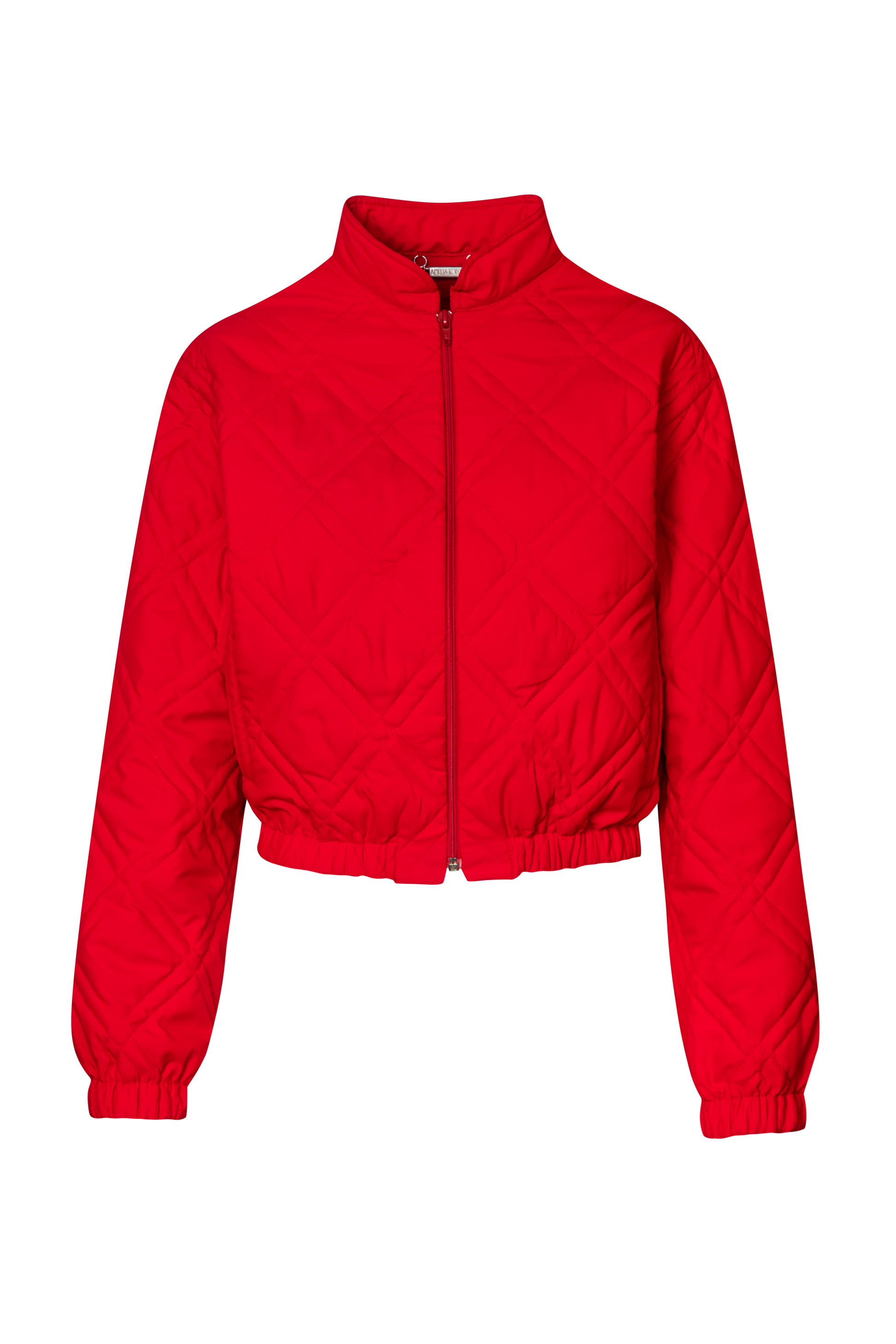 Product still of the Amelia Toro Quilted Cropped Bomber Jacket in red on a white background