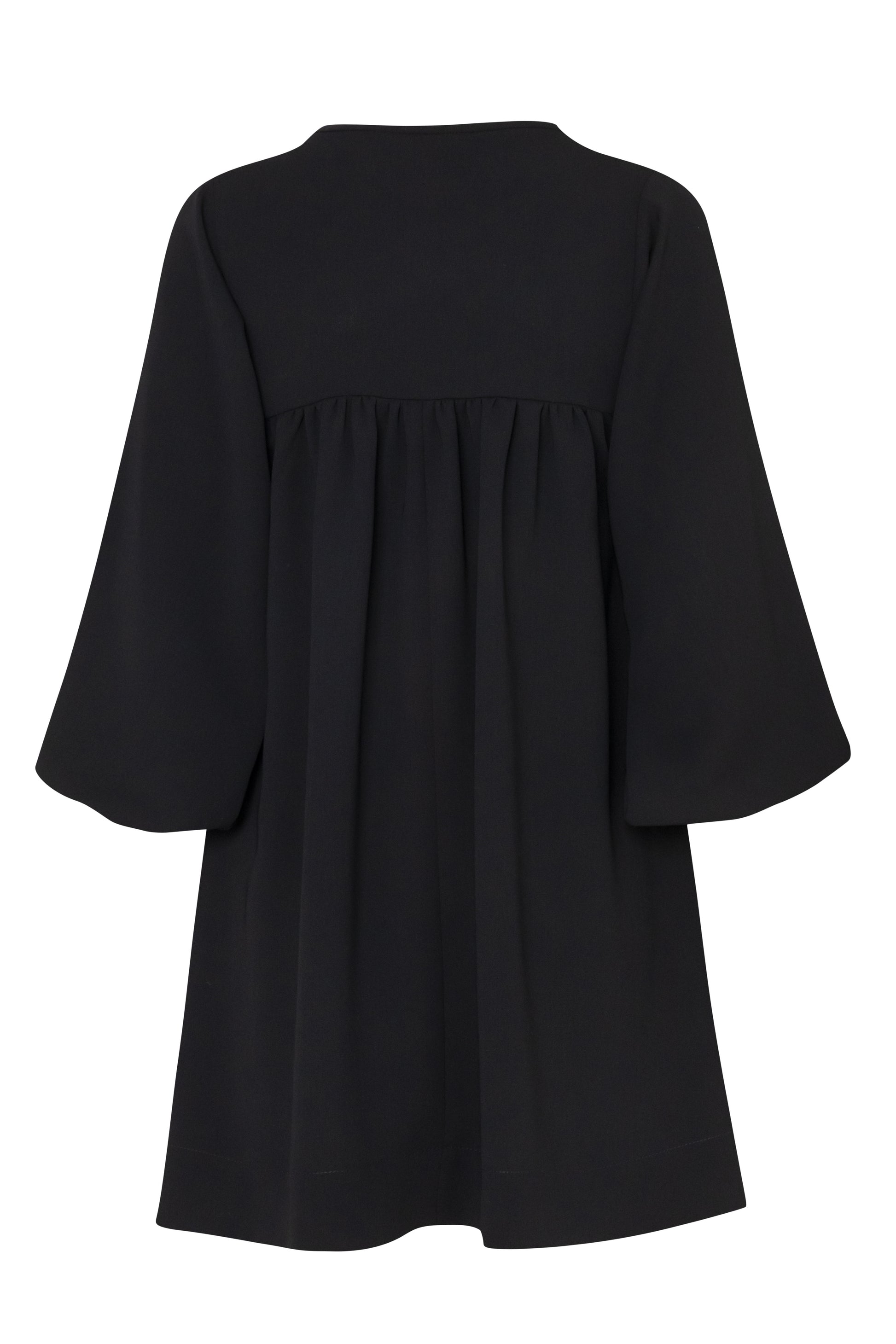 Close-up of the Amelia Toro Quilted-Front Puff-Sleeve Cady Mini Dress in Black