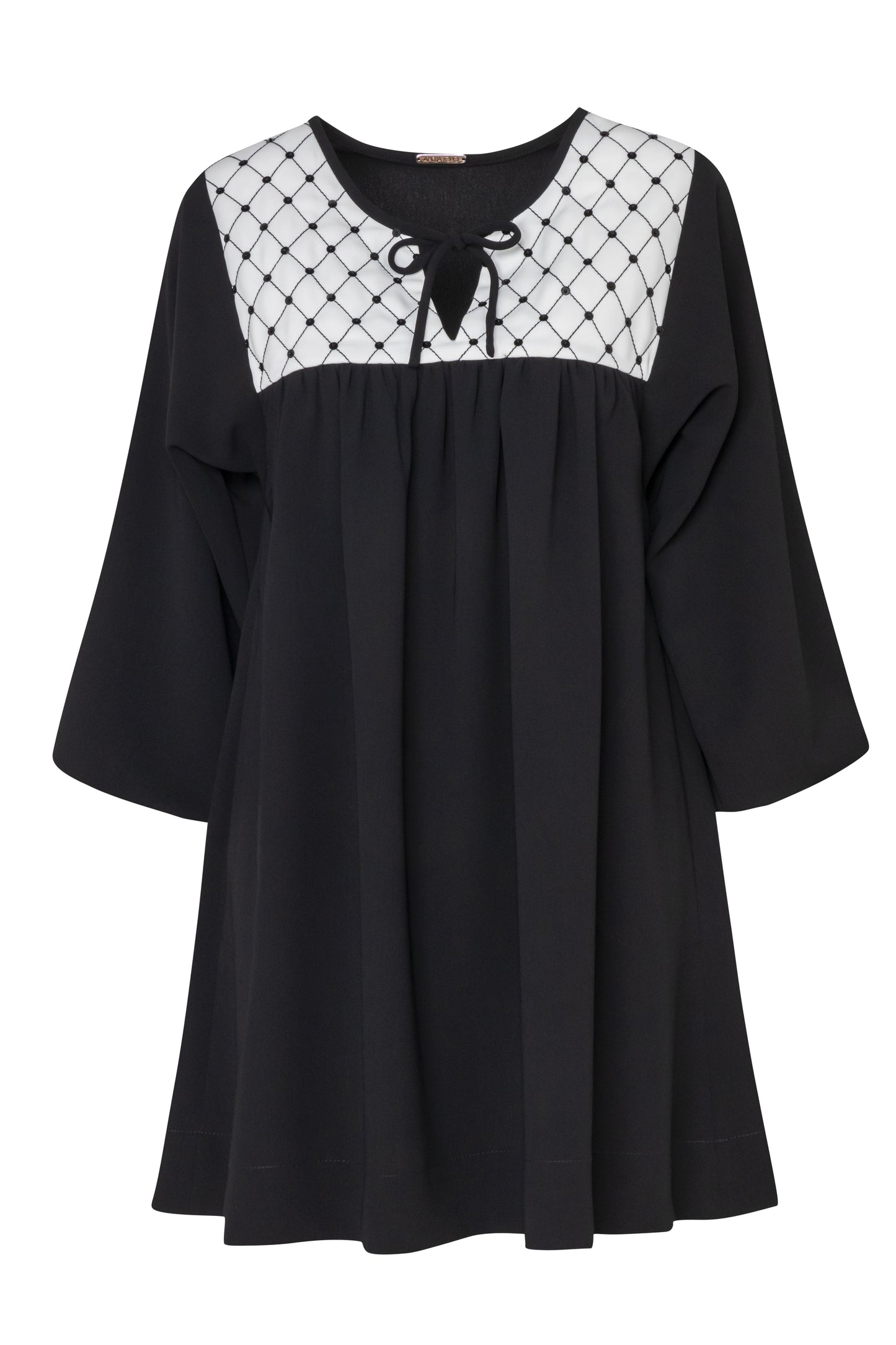 Product still of the Amelia Toro Quilted-Front Puff-Sleeve Cady Mini Dress in Black on a white background