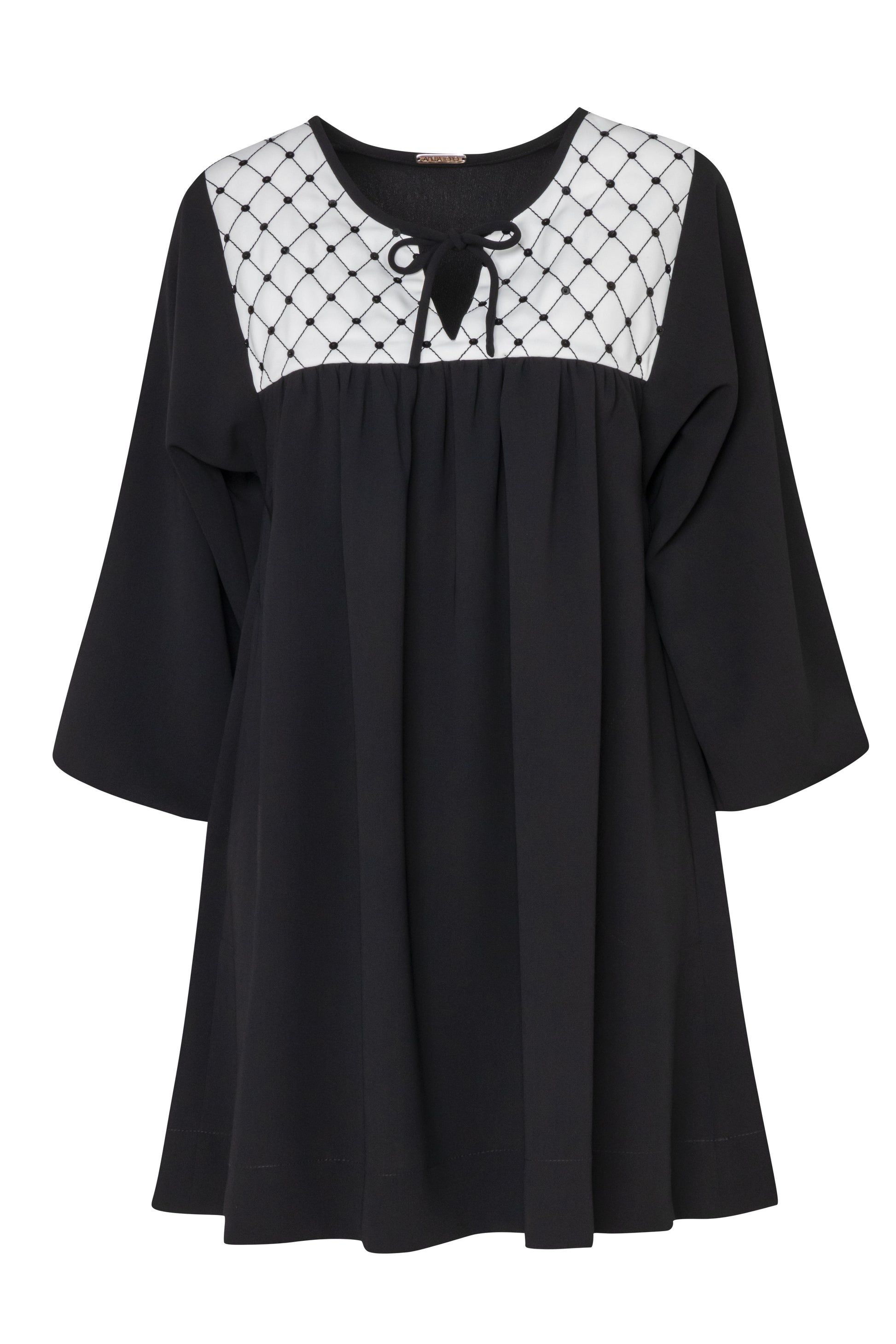 Product still of the Amelia Toro Quilted-Front Puff-Sleeve Cady Mini Dress in Black on a white background