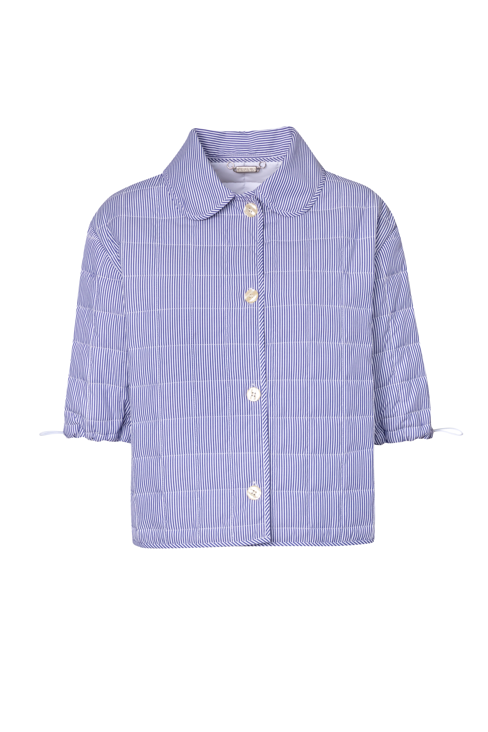 Product still of the Amelia Toro Quilted Striped Spring Jacket in blue/white on a white background
