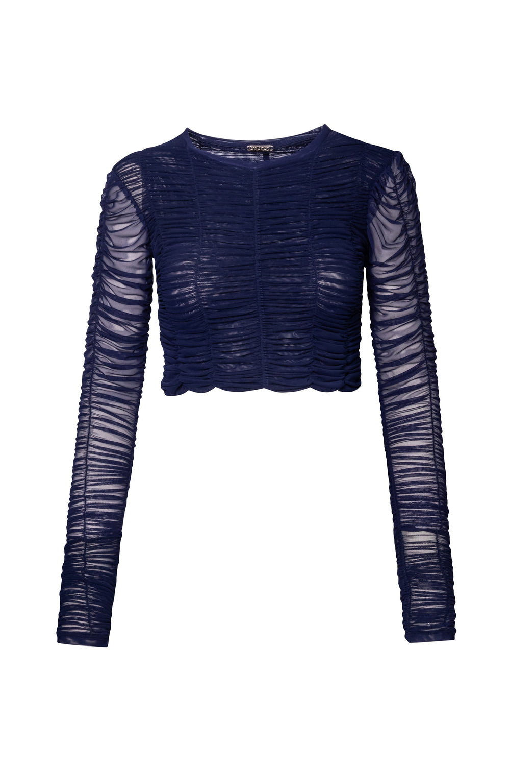 Product still of the Amelia Toro ruched tulle long-sleeve crop top in navy on a white background