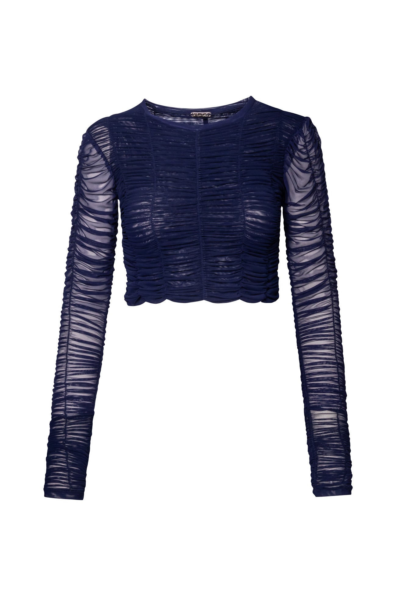Product still of the Amelia Toro ruched tulle long-sleeve crop top in navy on a white background