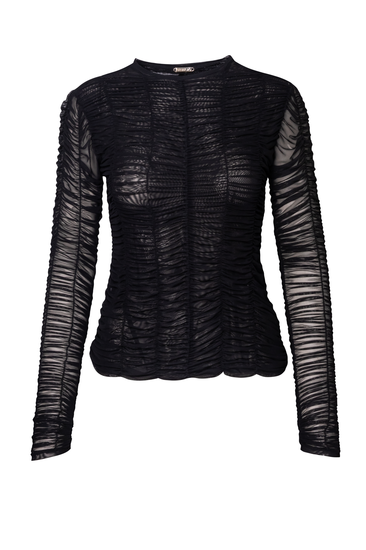 Product still of the Amelia Toro Ruched Tulle Round-Neck Top in black on a white background