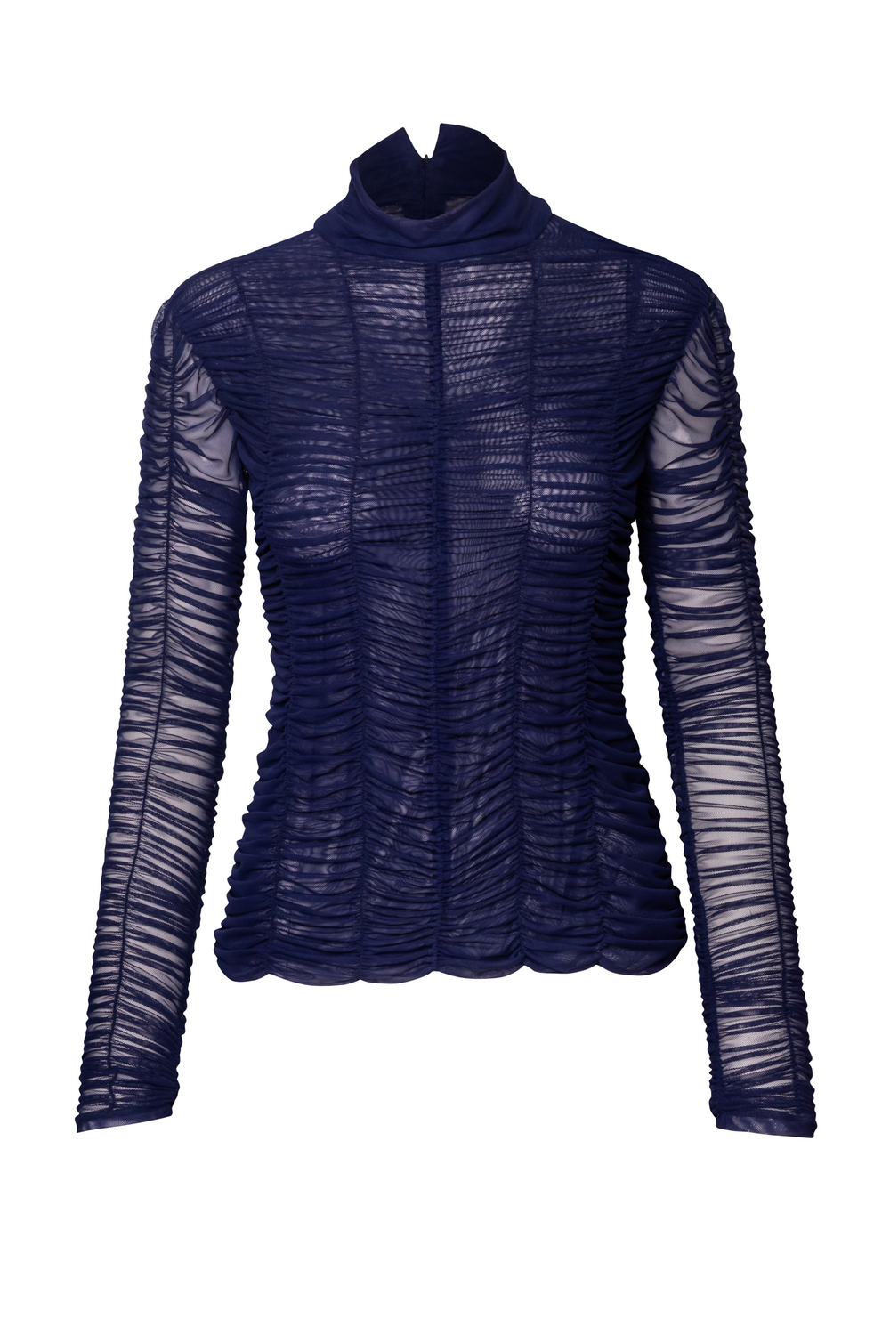 Product still of the Amelia Toro Ruched Tulle Turtleneck Top in blue on a white background