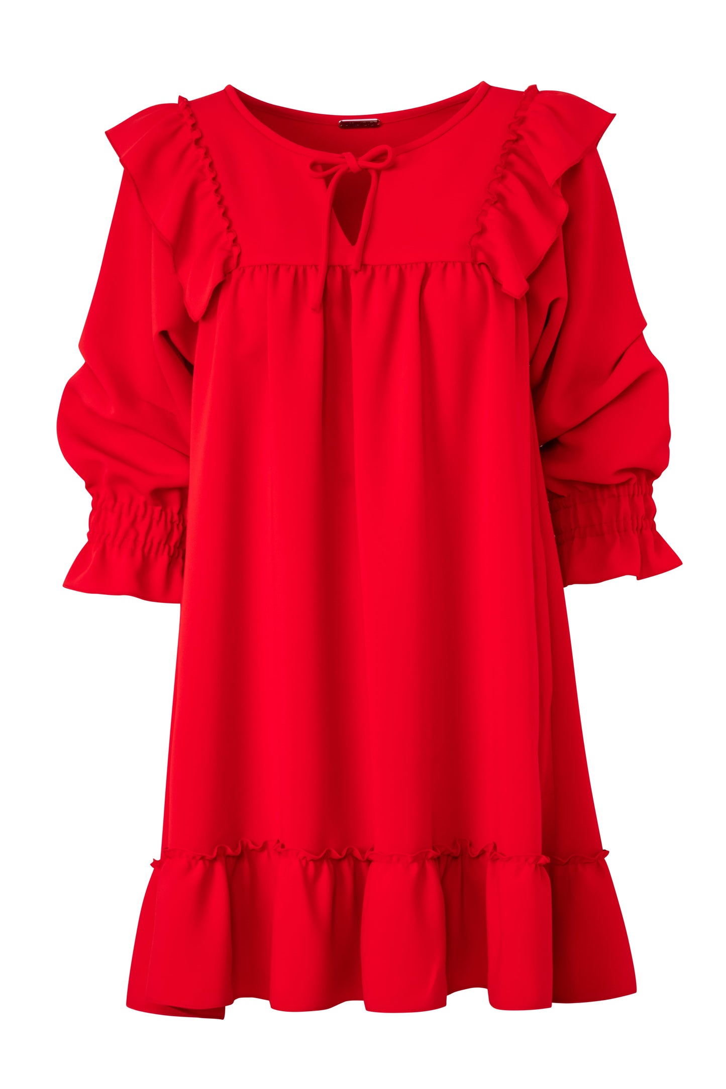 Product still of the Amelia Toro Ruffled Short-Sleeve Mini Dress in Red on a white background