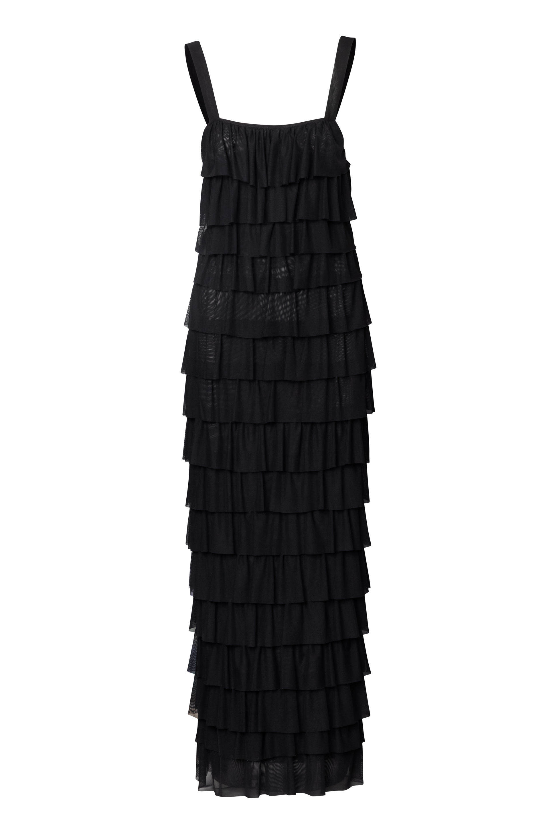 Product still of the Amelia Toro Ruffled Tulle Evening Gown in black on a white background