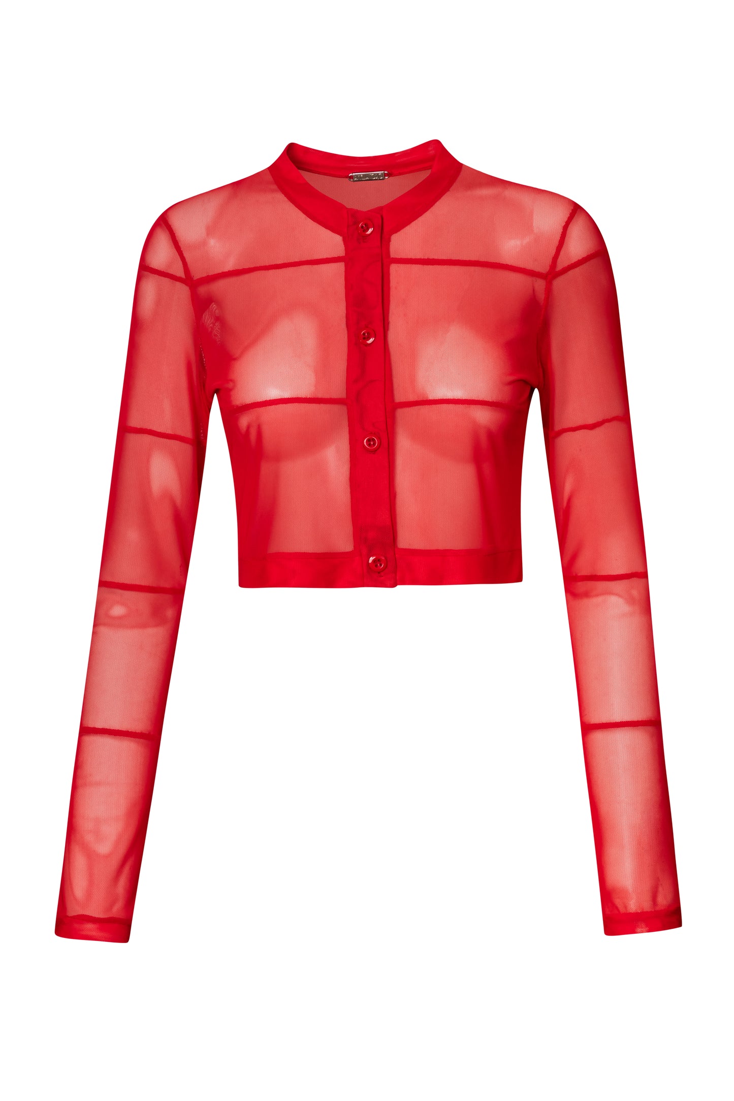 Product still of the Amelia Toro Sheer Tulle Cropped Sweater in blue on a white background
