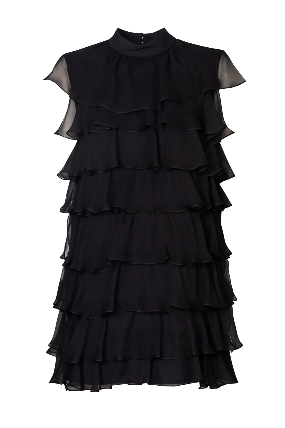 Product still of the Amelia Toro Silk Chiffon Tiered Ruffle Mini Dress in black on a white background