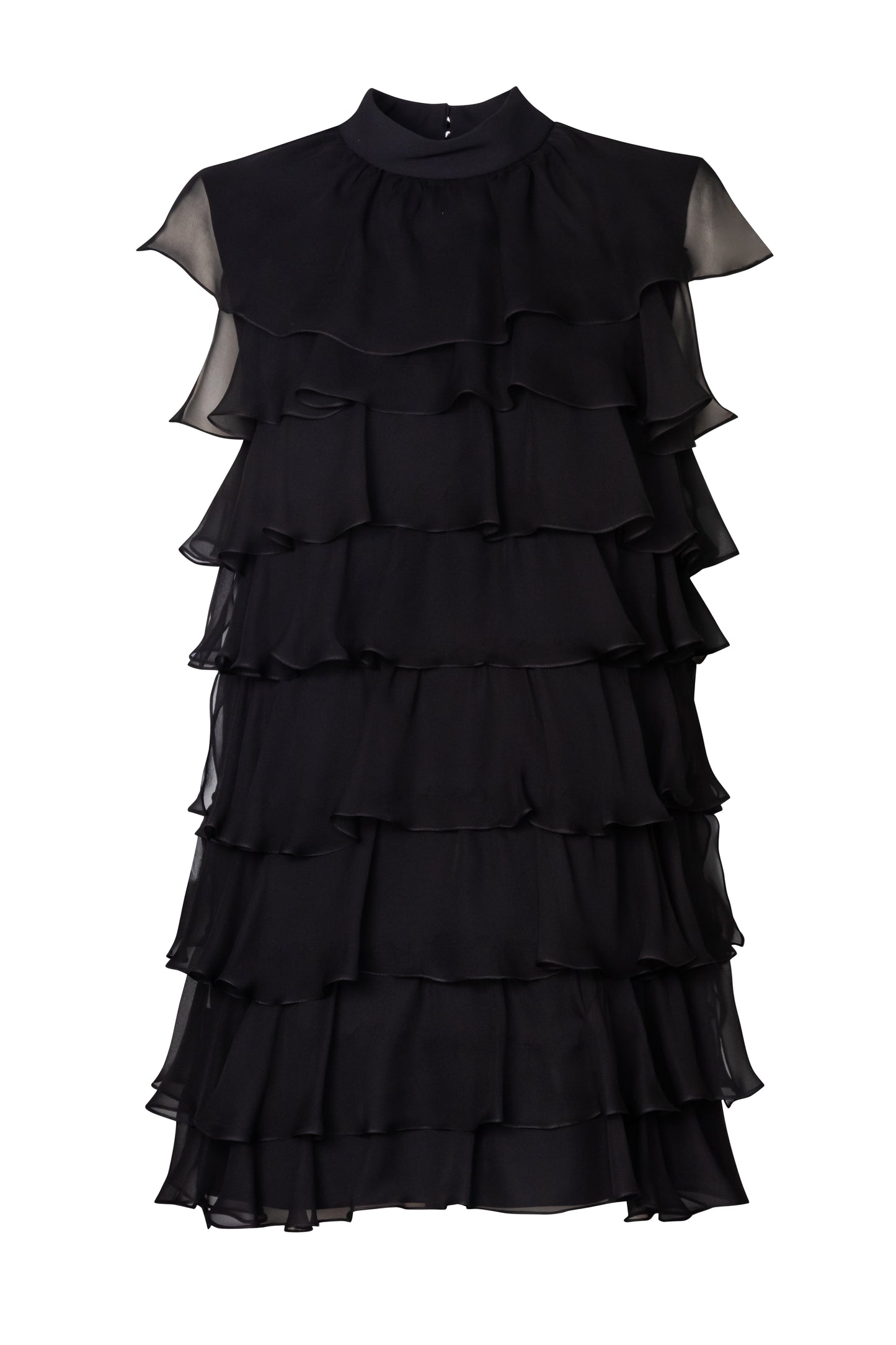 Product still of the Amelia Toro Silk Chiffon Tiered Ruffle Mini Dress in black on a white background
