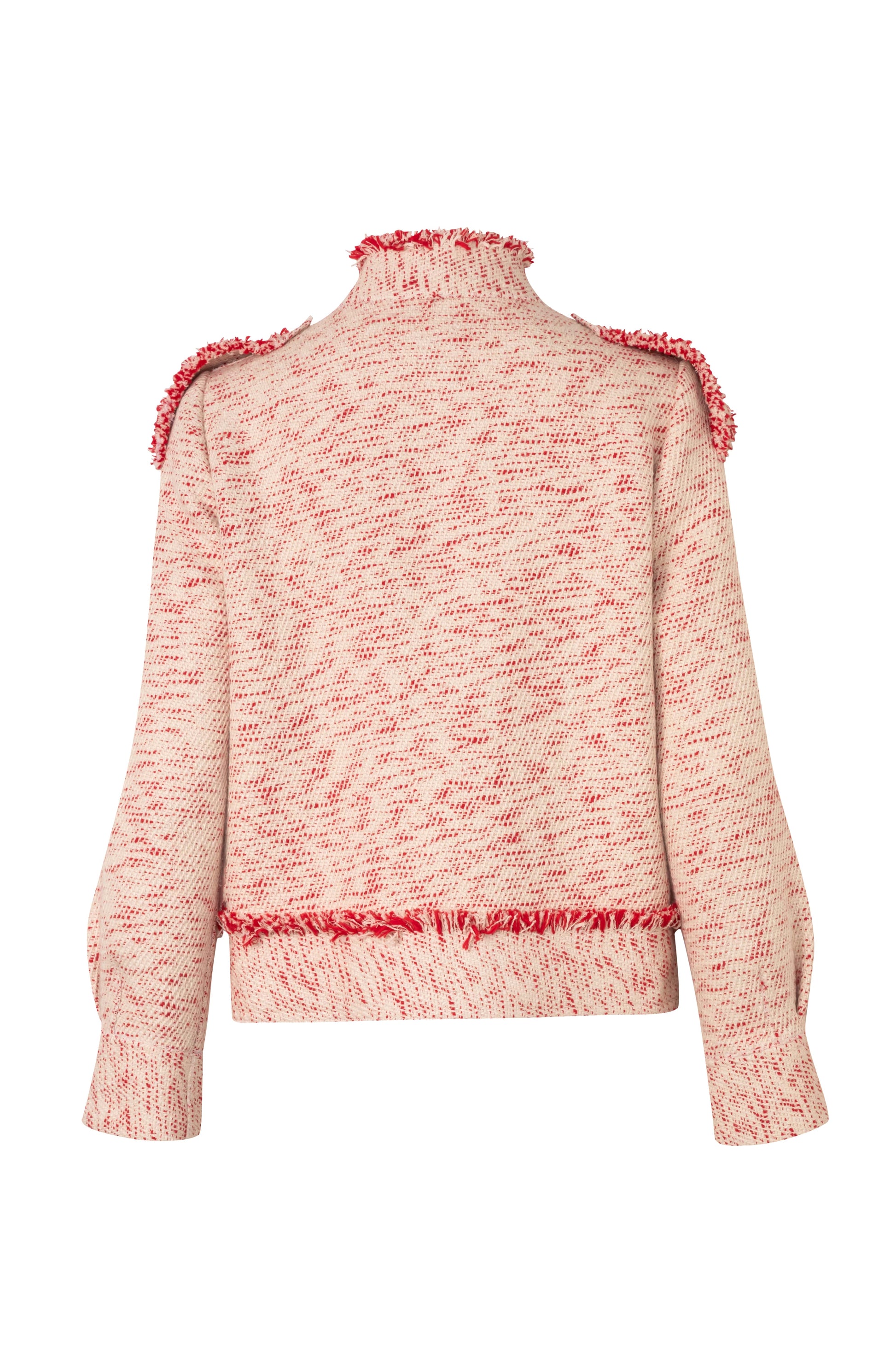 Product still of the Amelia Toro Single-Breasted Cotton Jacket with Epaulettes in Red/Beige on a white background