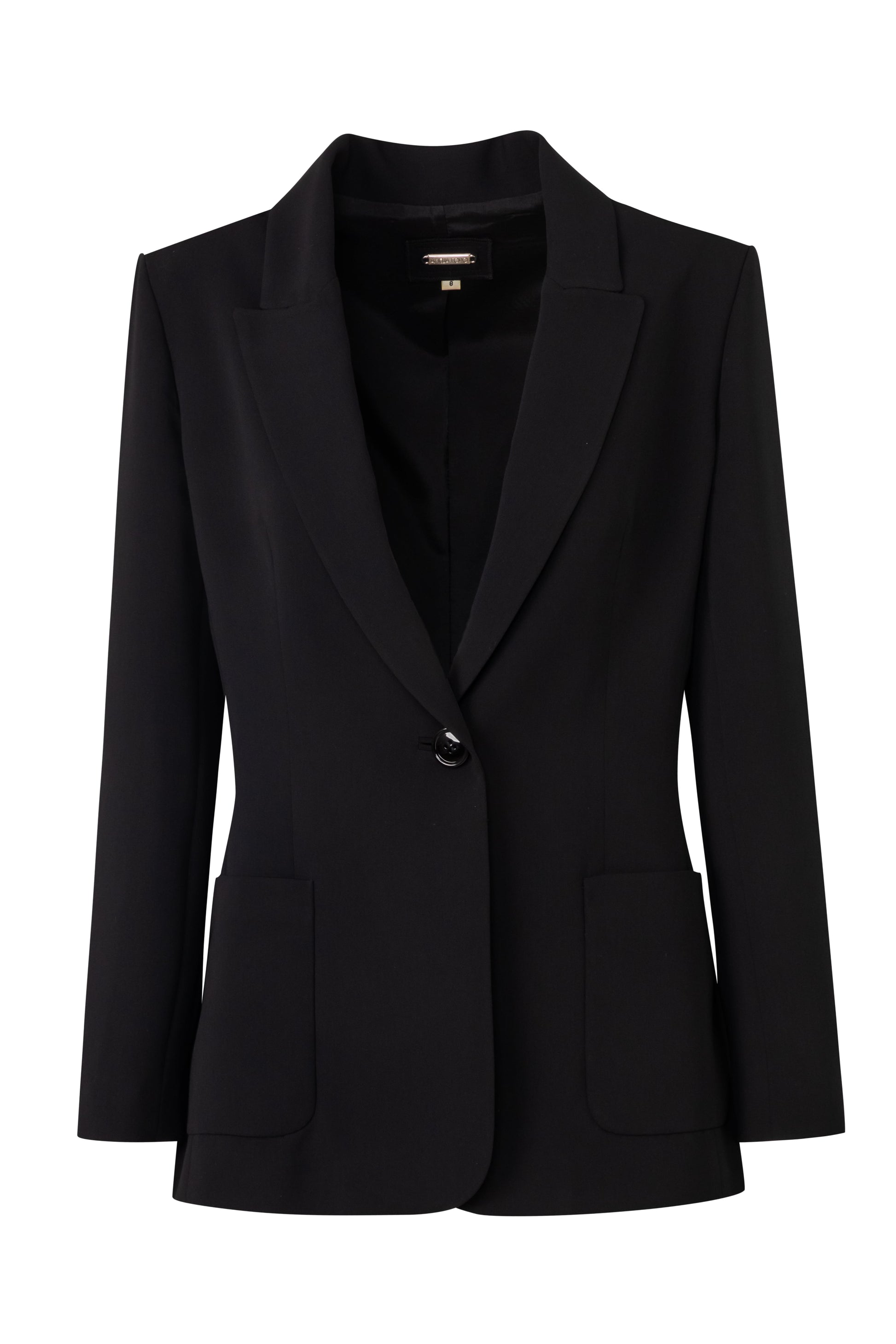 Product still of the Amelia Toro Single-Breasted Tailored Blazer in Black on a white background
