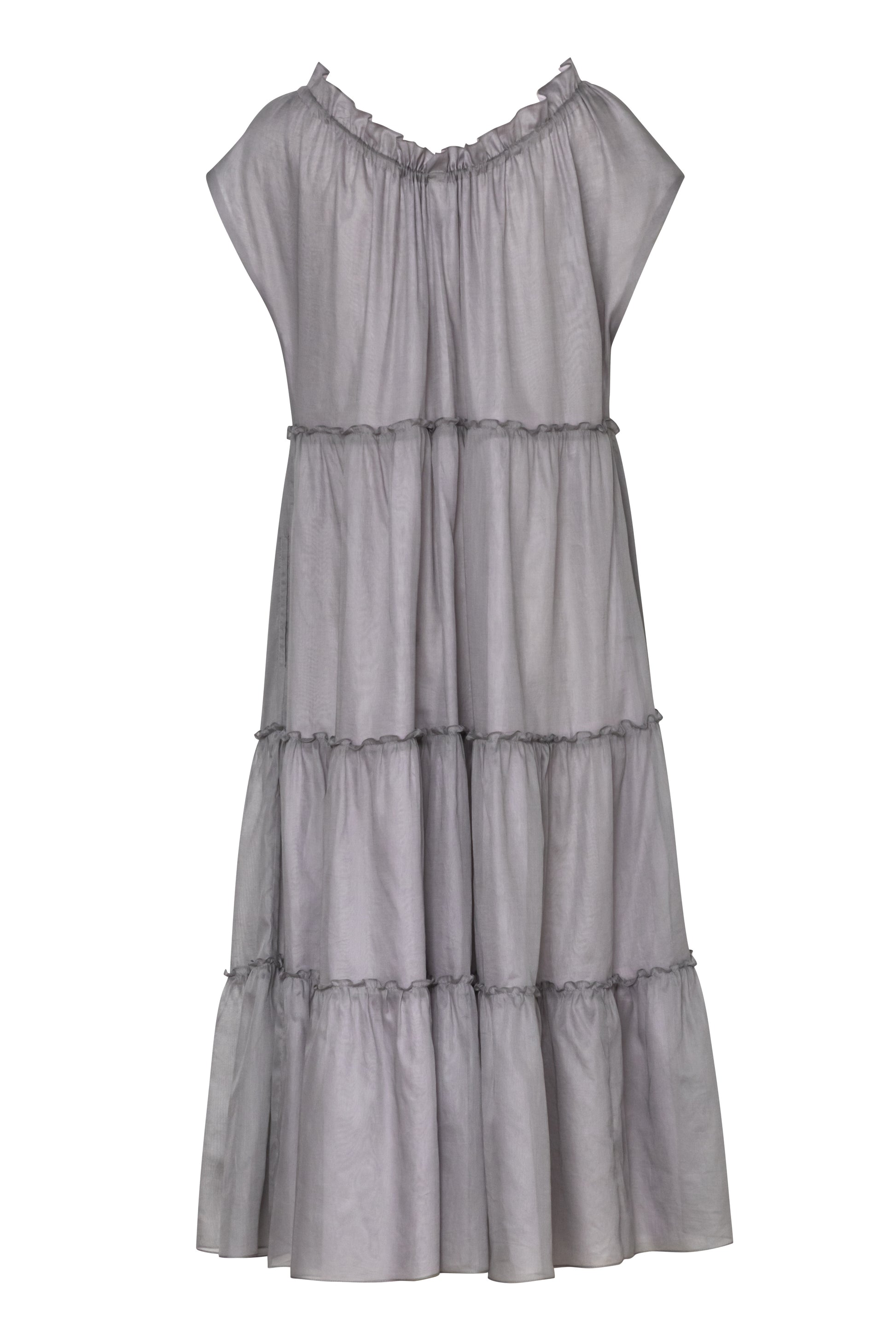 Close-up of the Amelia Toro Sleeveless Ruffled Cotton Voile Midi Dress in Grey/Pink