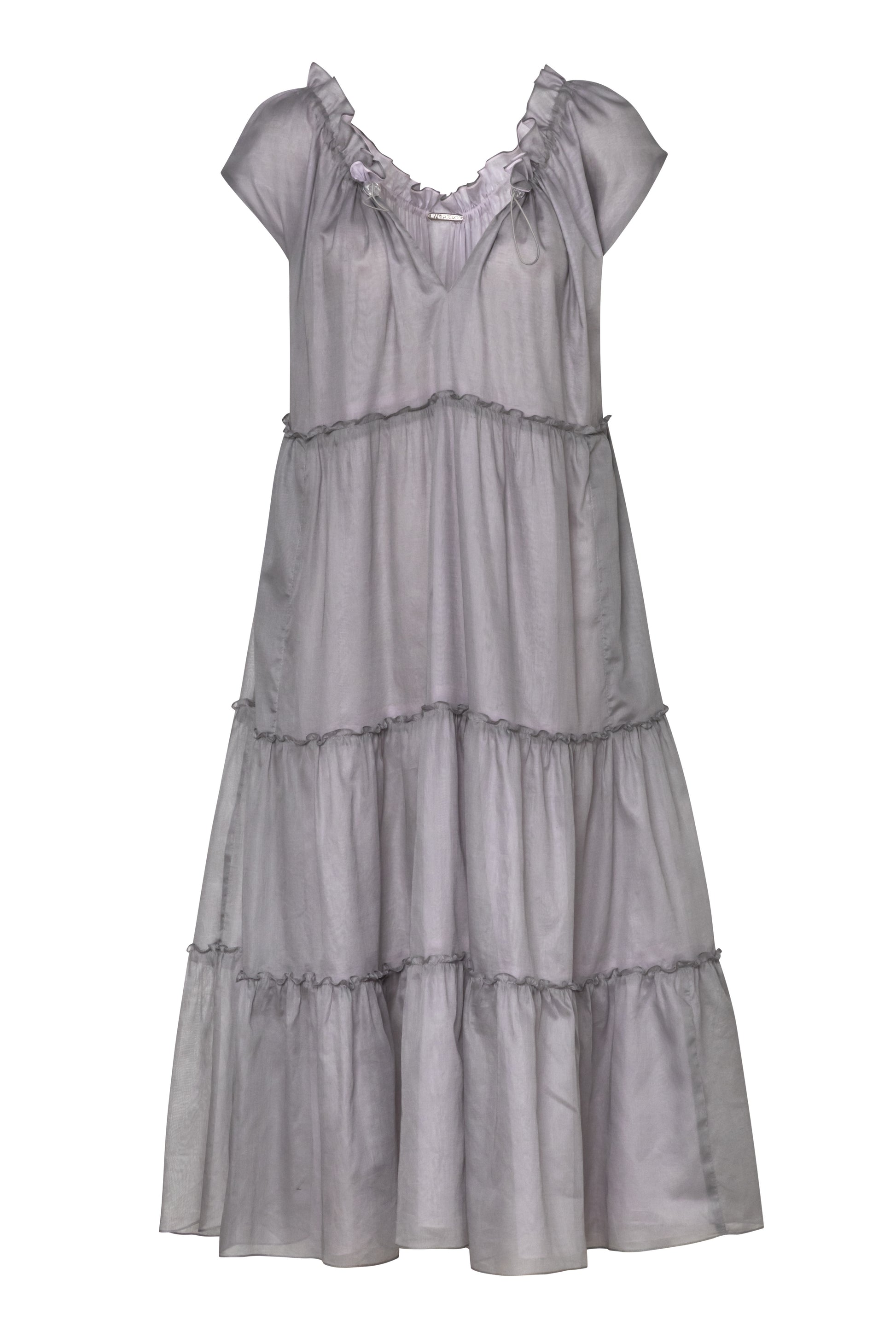 Product still of the Amelia Toro Sleeveless Ruffled Cotton Voile Midi Dress in Grey/Pink on a white background