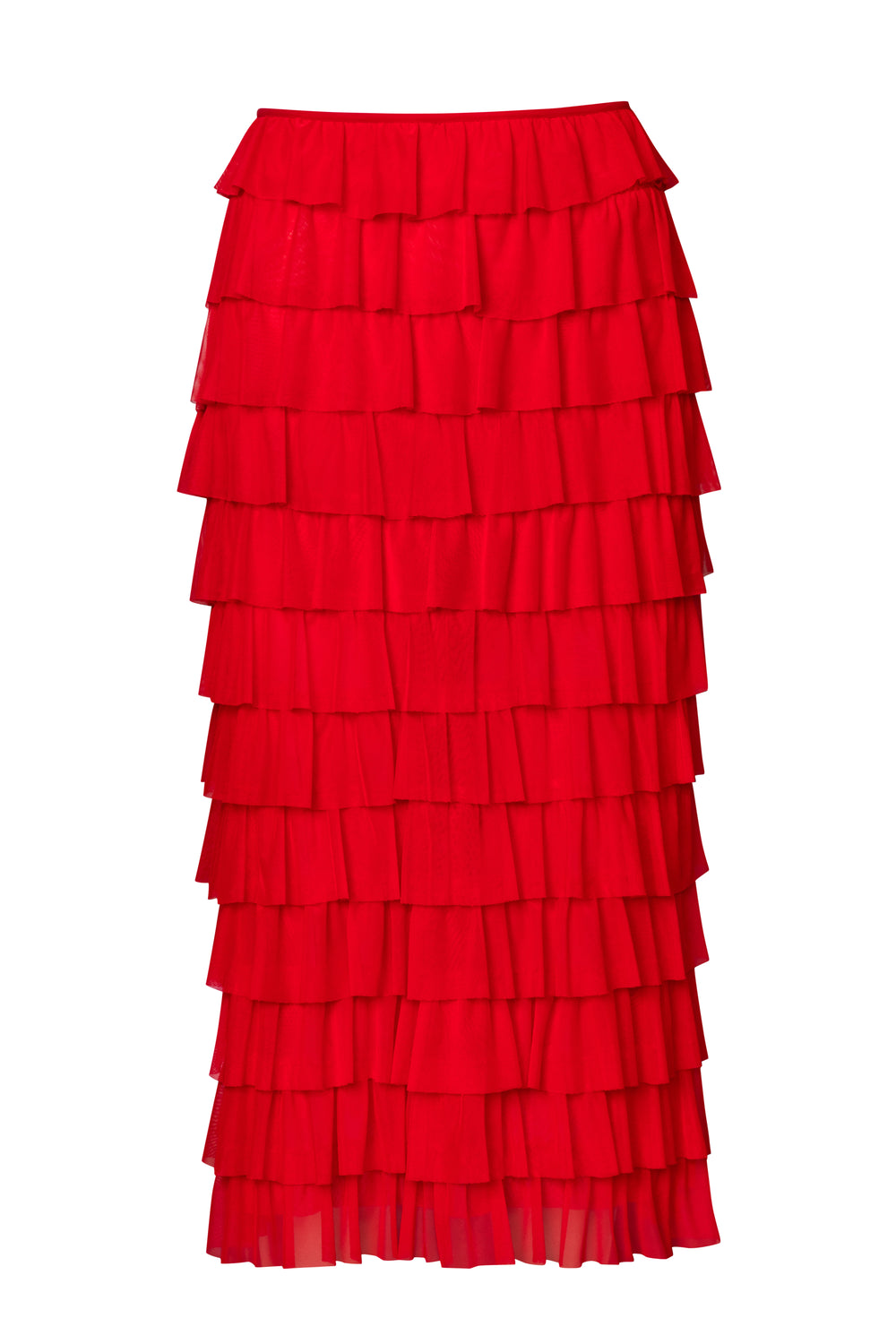 Product still of the Amelia Toro Tiered Ruffle Tulle Maxi Skirt in red on a white background